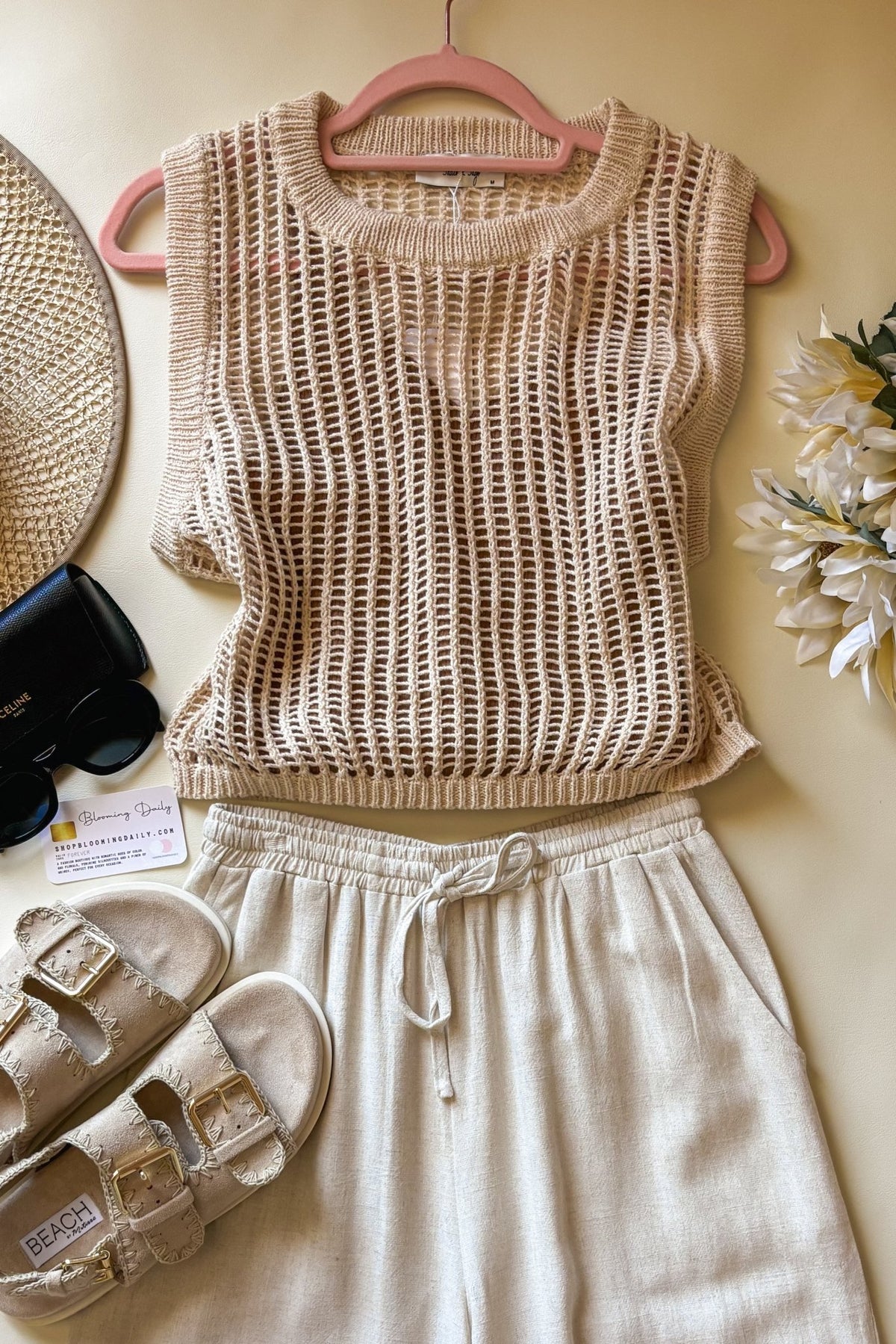 Women&#39;s Boho Open Knit Sweater Tank Top | Beige - Women&#39;s Shirts &amp; Tops - Blooming Daily