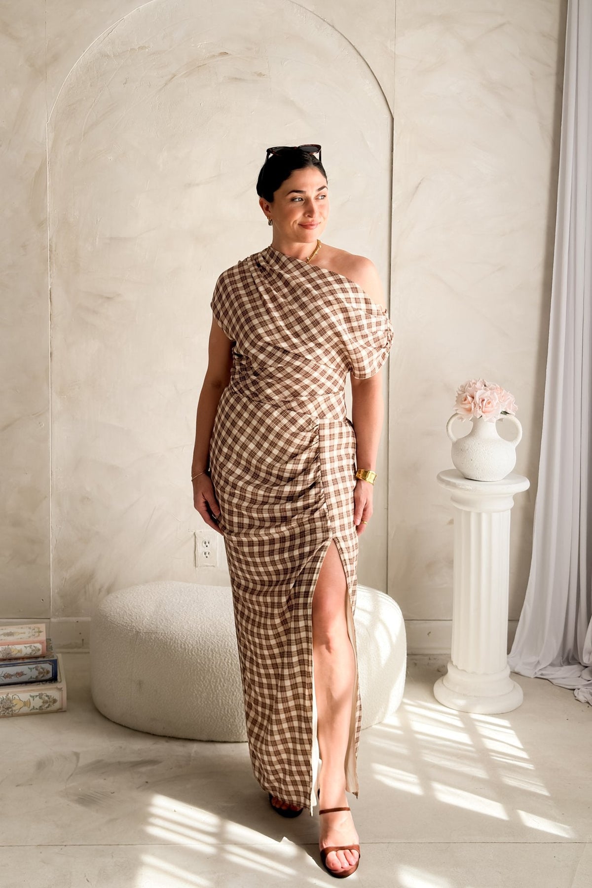 Women’s Brown Plaid One Shoulder Midi Dress - Women's Dresses - Blooming Daily