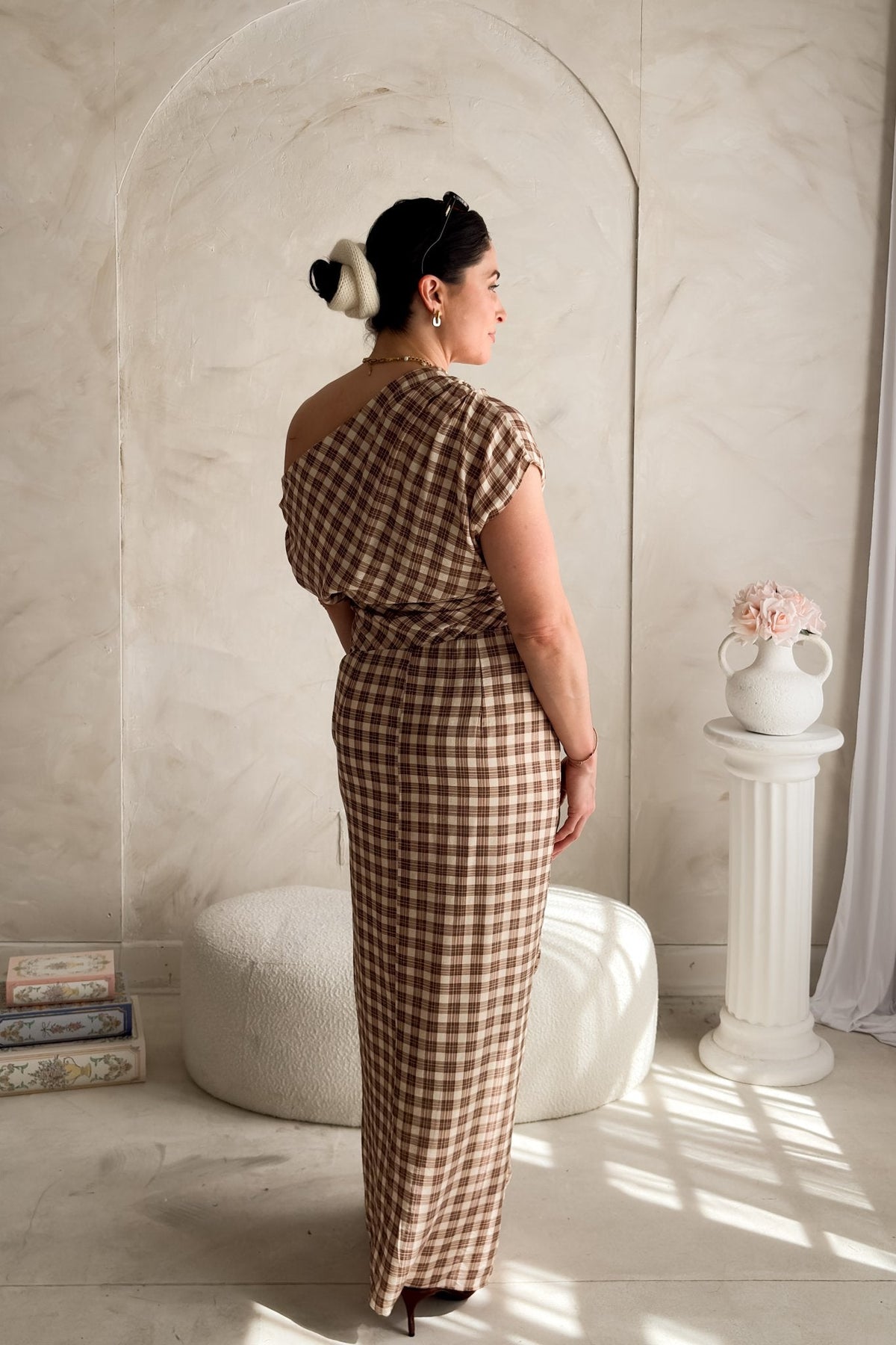 Women’s Brown Plaid One Shoulder Midi Dress - Women's Dresses - Blooming Daily