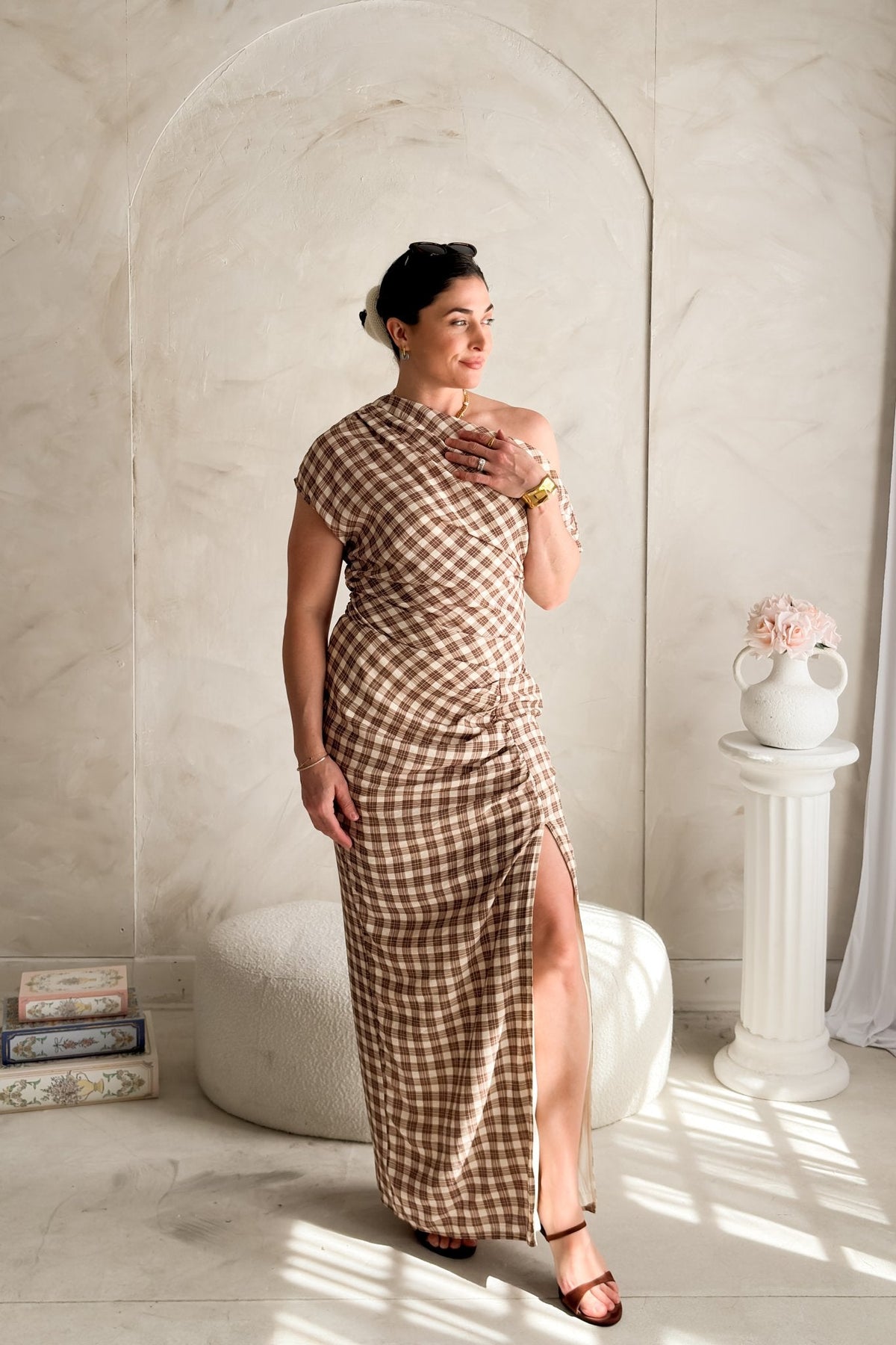 Women’s Brown Plaid One Shoulder Midi Dress - Women's Dresses - Blooming Daily