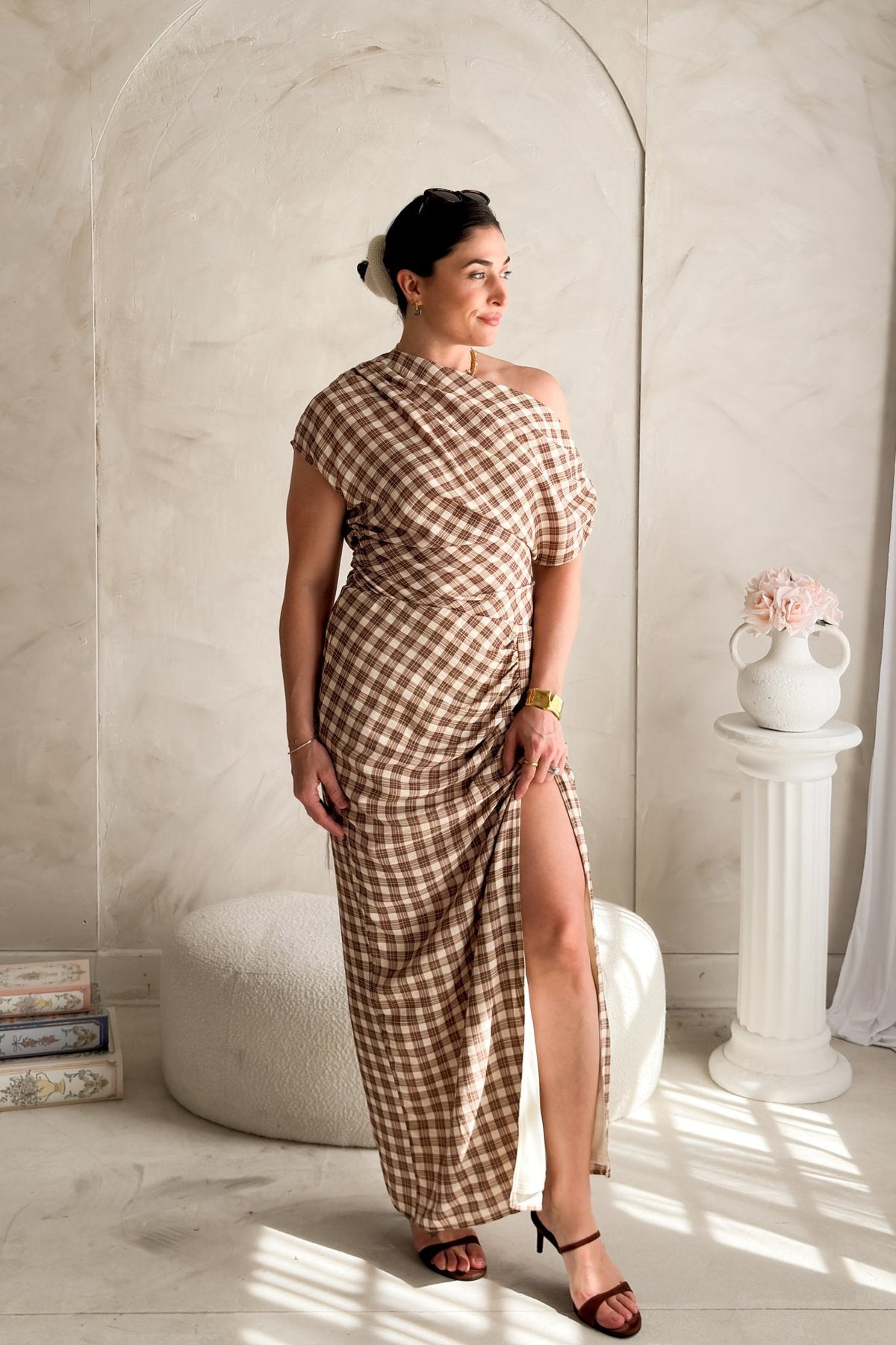 Women’s Brown Plaid One Shoulder Midi Dress - Women's Dresses - Blooming Daily