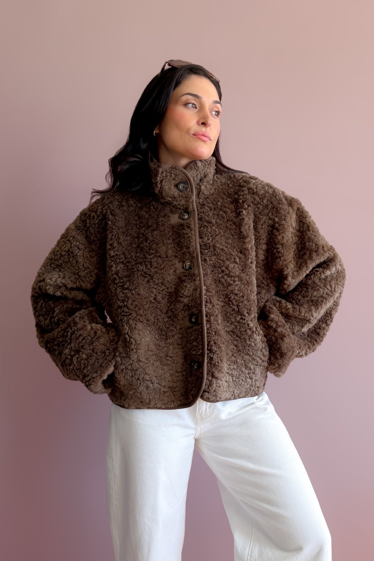 Chocolate brown teddy sherpa jacket with soft lining and an easy layer-friendly fit