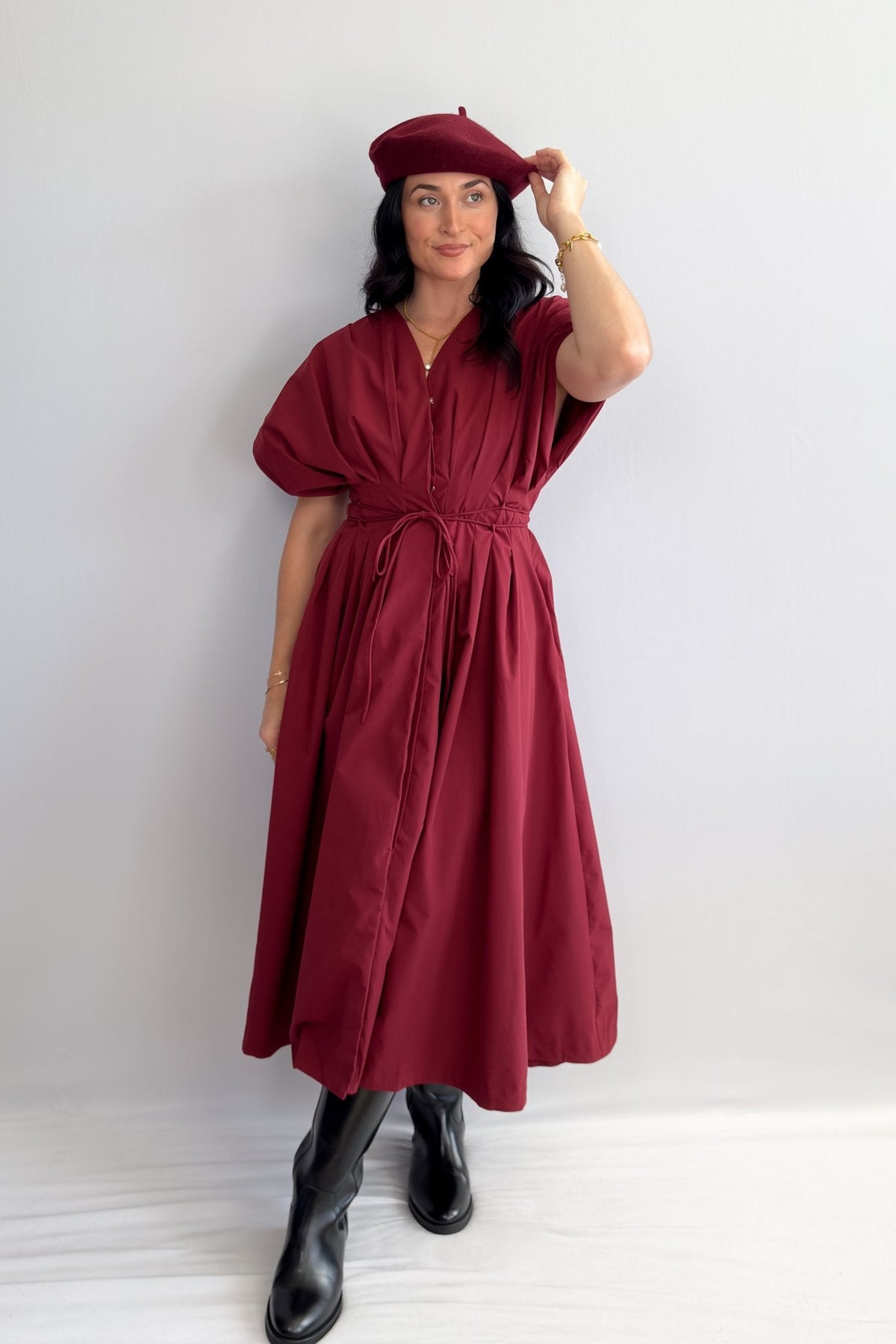 Women's Burgundy Tie - Waist Midi Dress with Pockets - Dresses - Blooming Daily