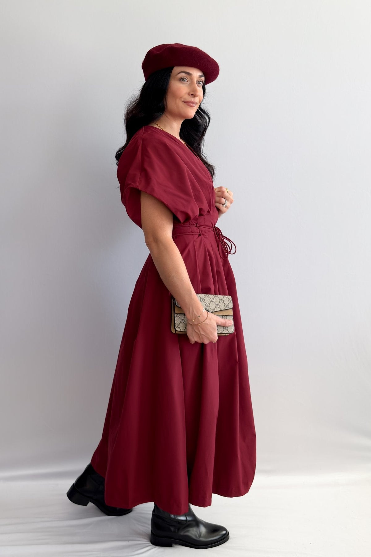 Women's Burgundy Tie - Waist Midi Dress with Pockets - Dresses - Blooming Daily