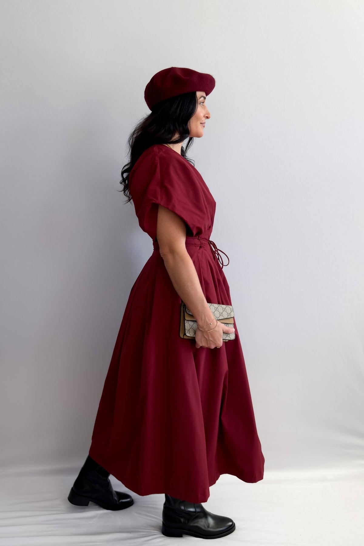 Women's Burgundy Tie - Waist Midi Dress with Pockets - Dresses - Blooming Daily