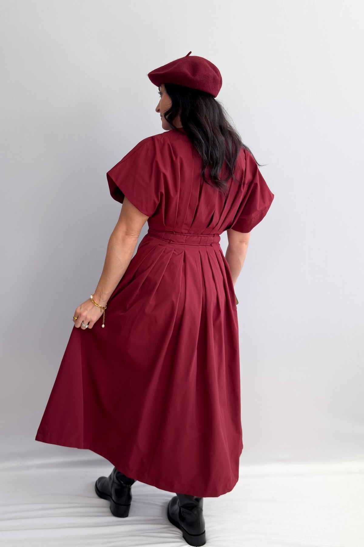 Women's Burgundy Tie - Waist Midi Dress with Pockets - Dresses - Blooming Daily