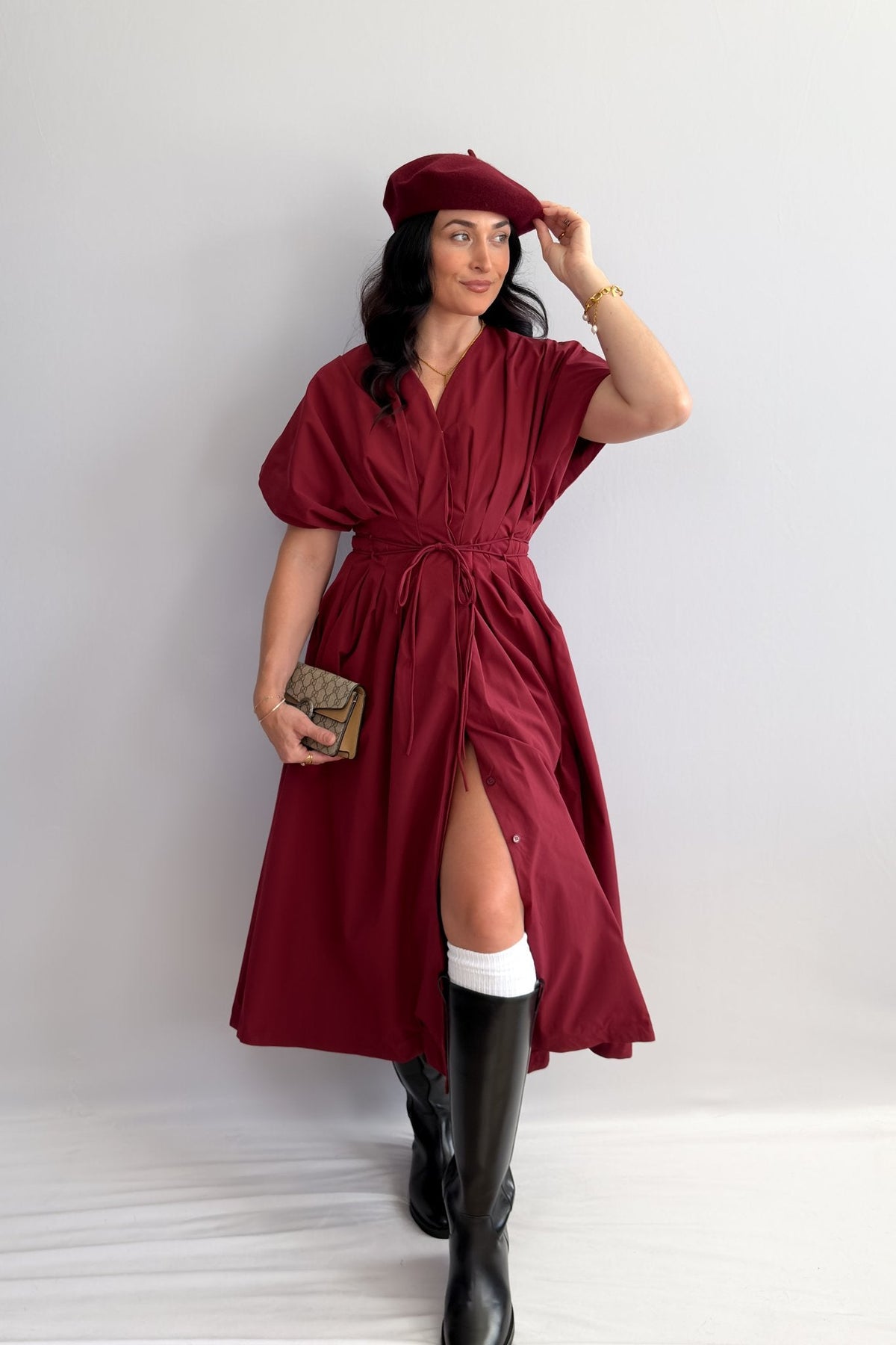 Women's Burgundy Tie - Waist Midi Dress with Pockets - Dresses - Blooming Daily