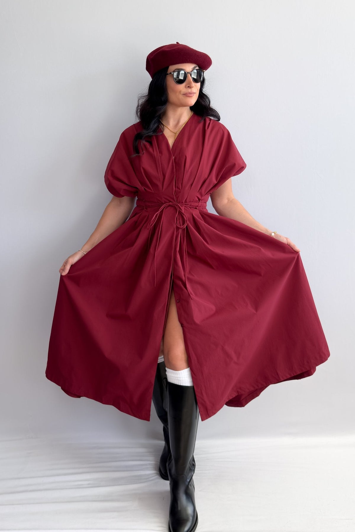 Women's Burgundy Tie - Waist Midi Dress with Pockets - Dresses - Blooming Daily