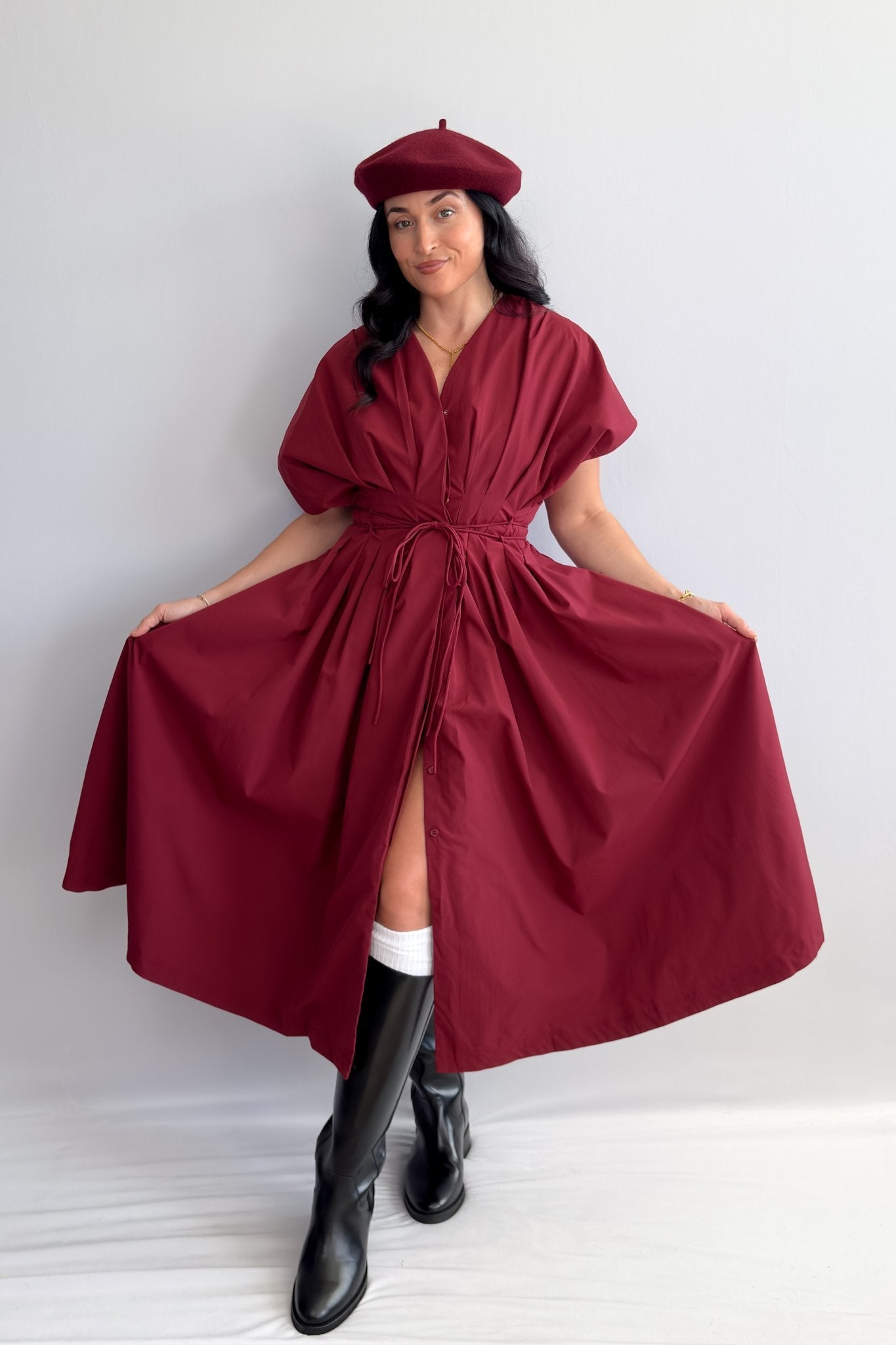 Women's Burgundy Tie - Waist Midi Dress with Pockets - Dresses - Blooming Daily