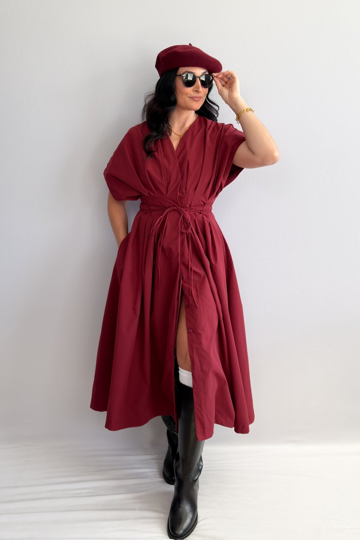 Women's Burgundy Tie - Waist Midi Dress with Pockets - Dresses - Blooming Daily