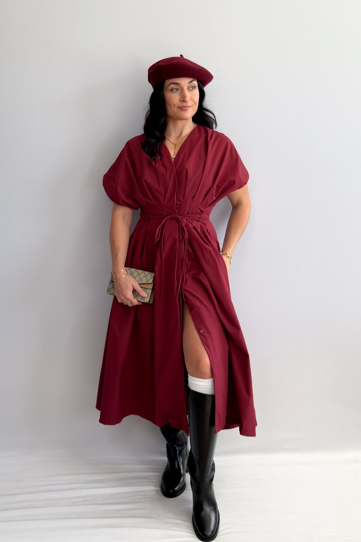 Women's Burgundy Tie - Waist Midi Dress with Pockets - Dresses - Blooming Daily