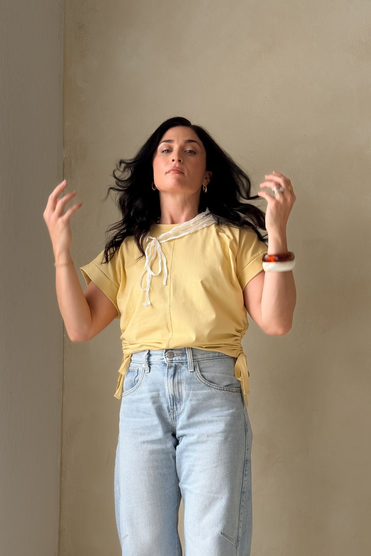 Women’s Butter Yellow Side Tie Top – Boxy Fit Tee - Women's Shirts & Tops - Blooming Daily
