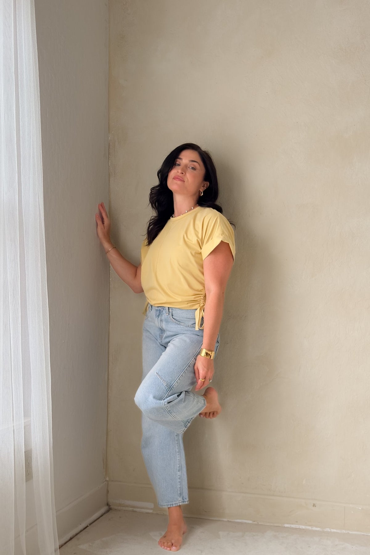 Women’s Butter Yellow Side Tie Top – Boxy Fit Tee - Women's Shirts & Tops - Blooming Daily