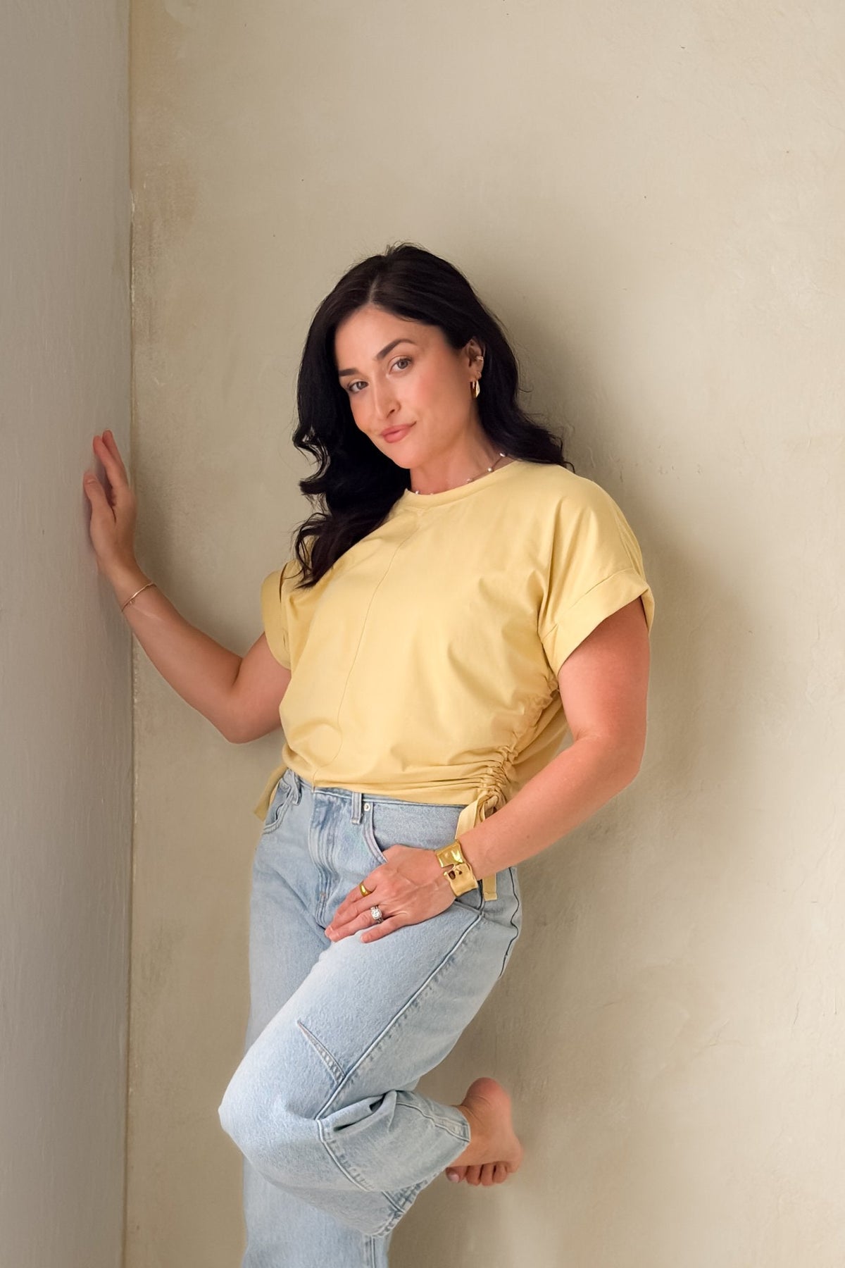 Women’s Butter Yellow Side Tie Top – Boxy Fit Tee - Women's Shirts & Tops - Blooming Daily
