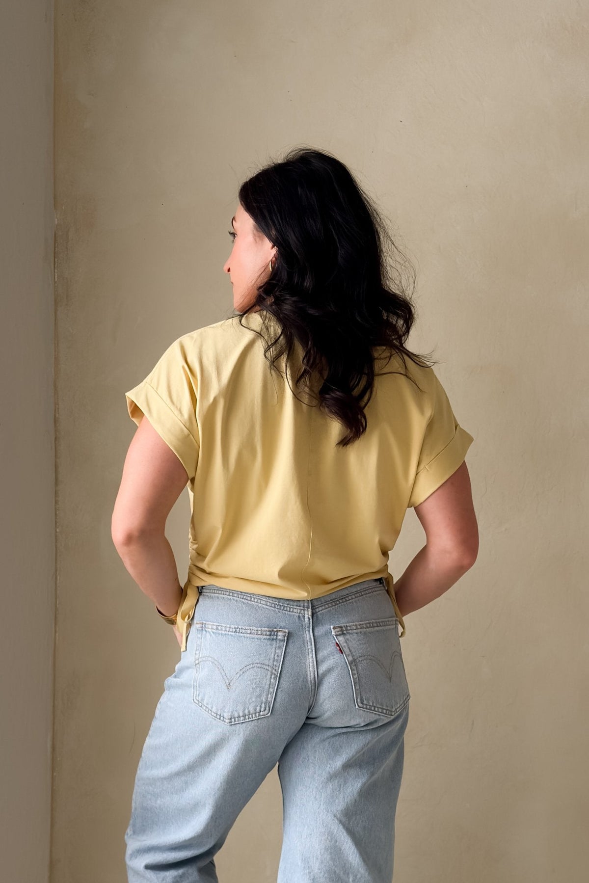 Women’s Butter Yellow Side Tie Top – Boxy Fit Tee - Women's Shirts & Tops - Blooming Daily