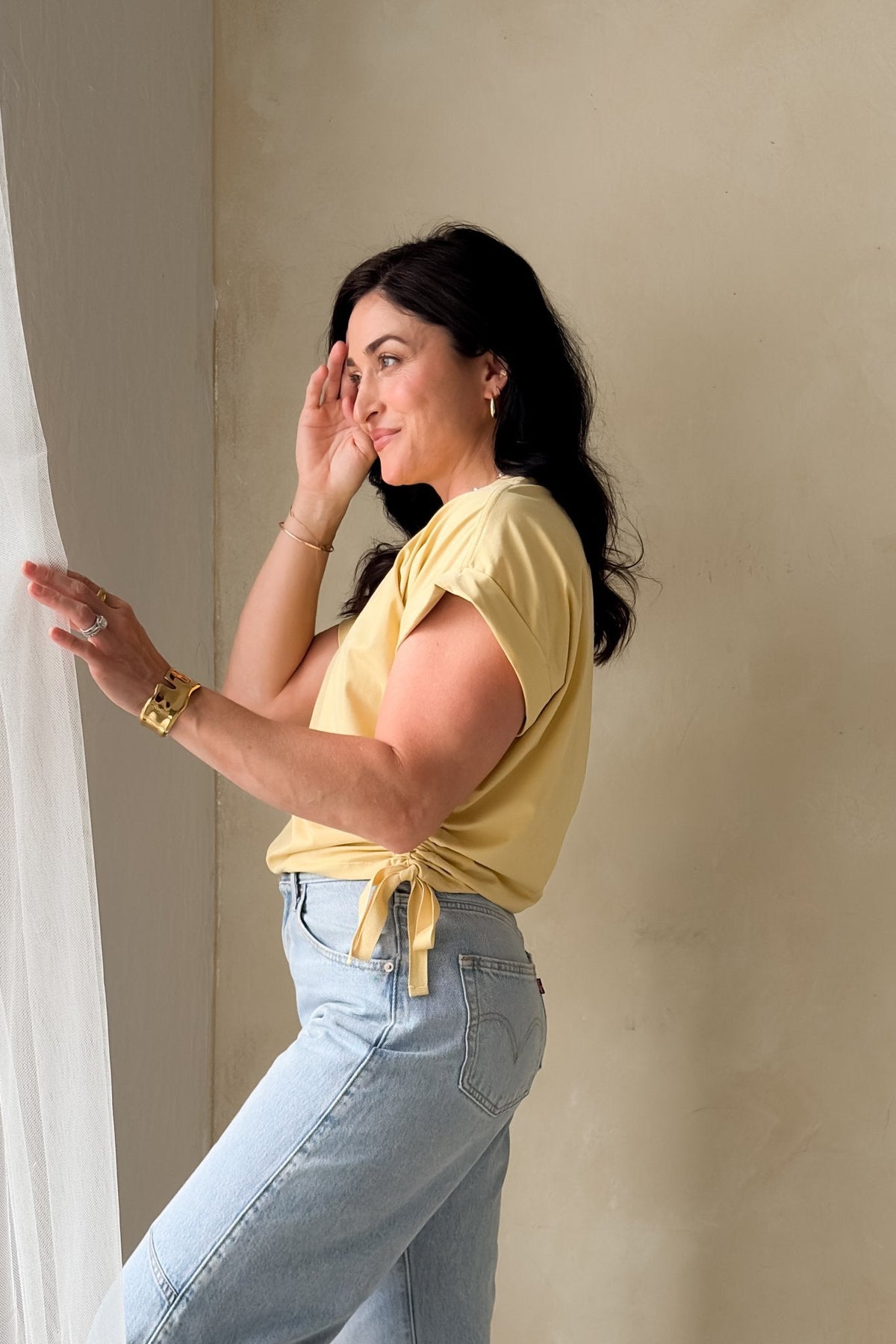 Women’s Butter Yellow Side Tie Top – Boxy Fit Tee - Women's Shirts & Tops - Blooming Daily