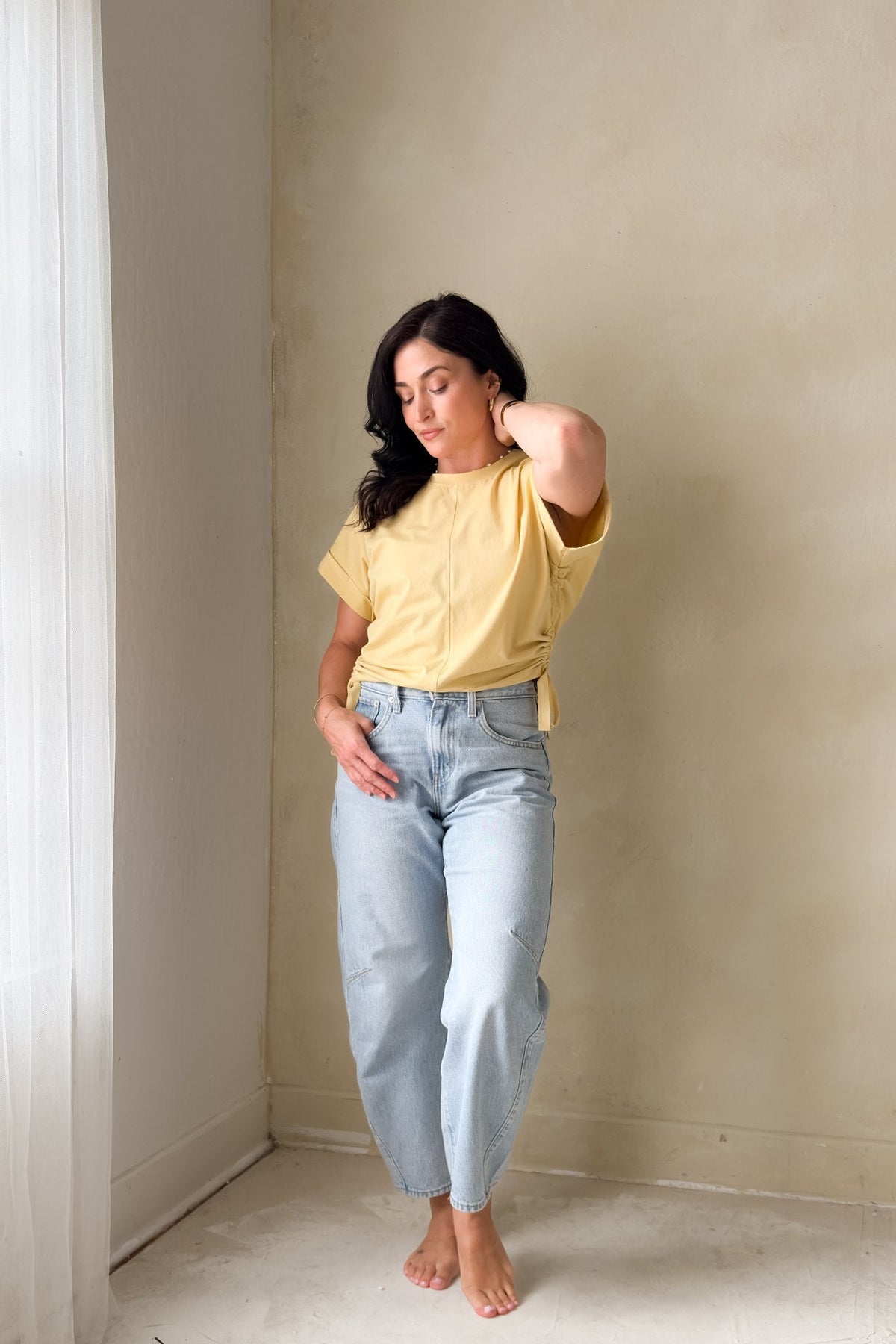 Women’s Butter Yellow Side Tie Top – Boxy Fit Tee - Women's Shirts & Tops - Blooming Daily