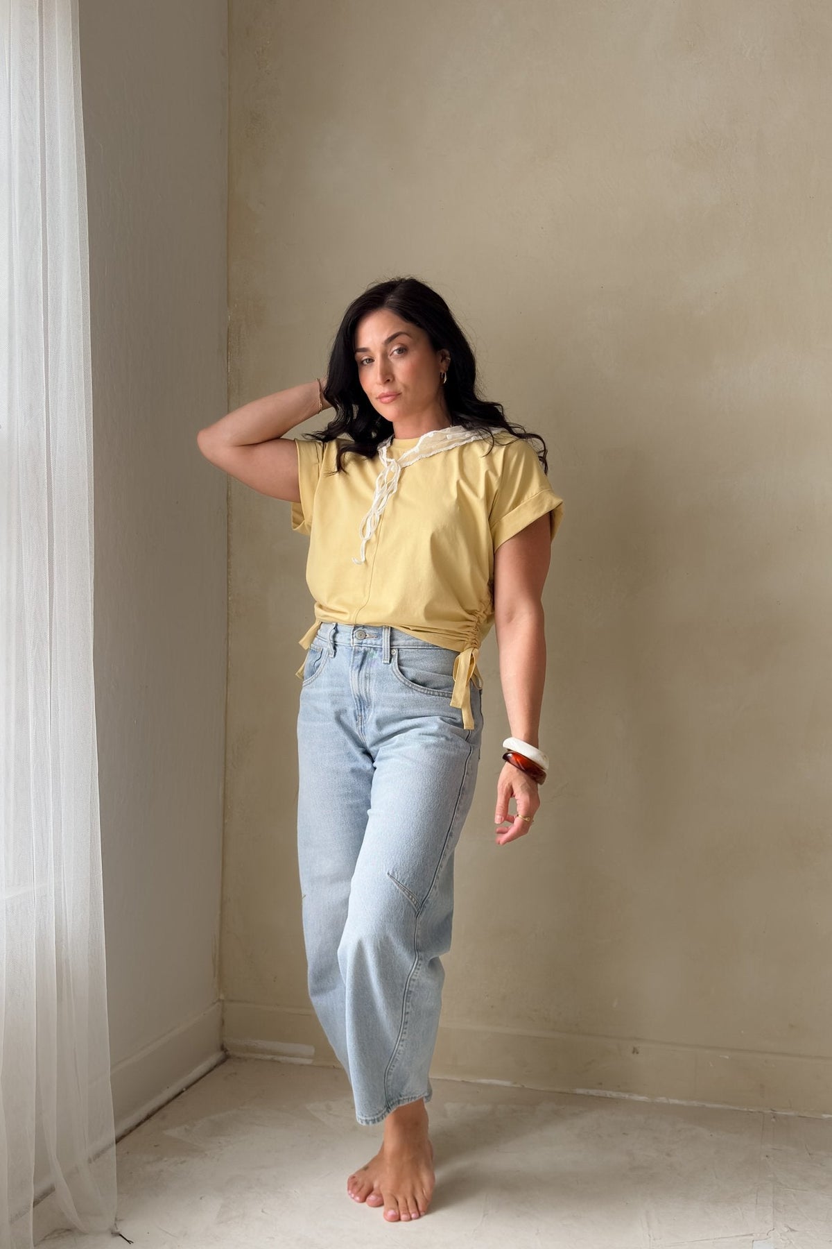 Women’s Butter Yellow Side Tie Top – Boxy Fit Tee - Women's Shirts & Tops - Blooming Daily