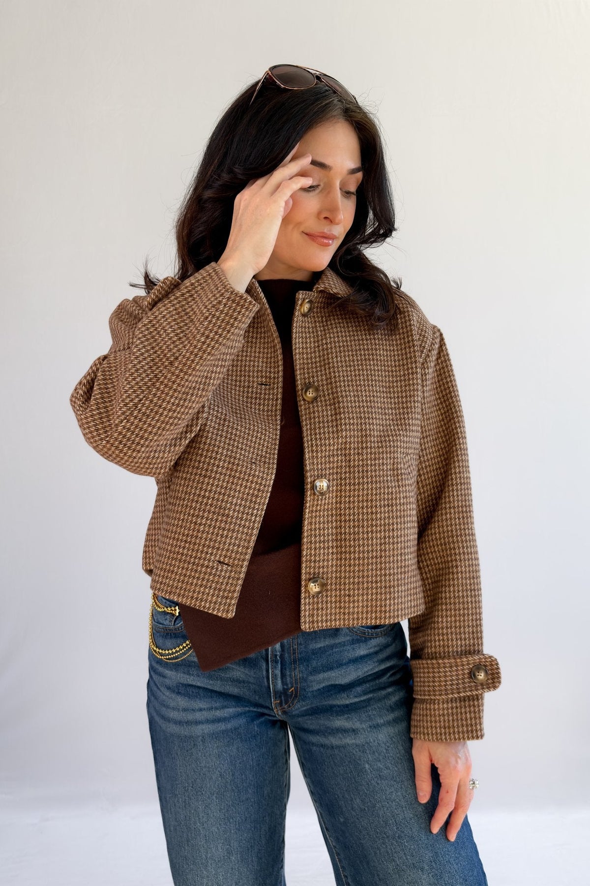 Women’s Camel Houndstooth Cropped Jacket - Coats & Jackets - Blooming Daily