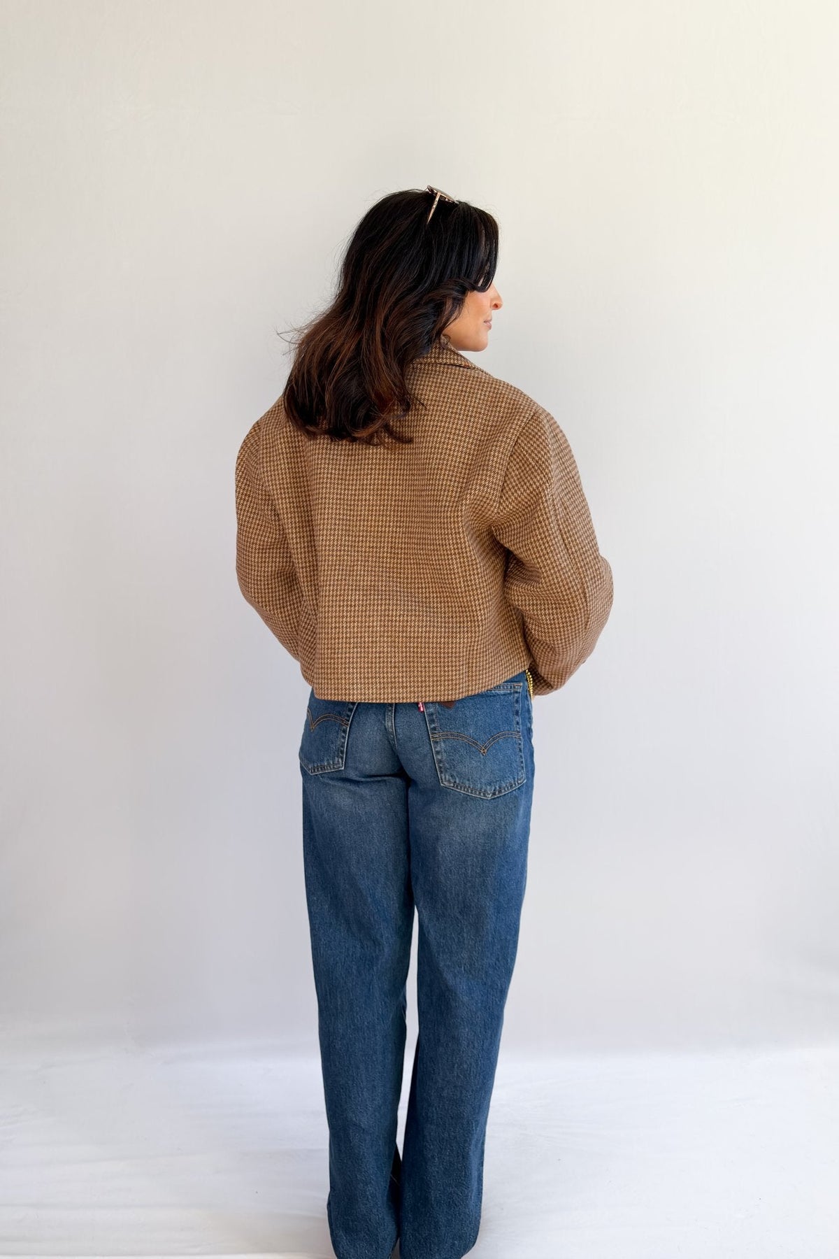 Women’s Camel Houndstooth Cropped Jacket - Coats & Jackets - Blooming Daily