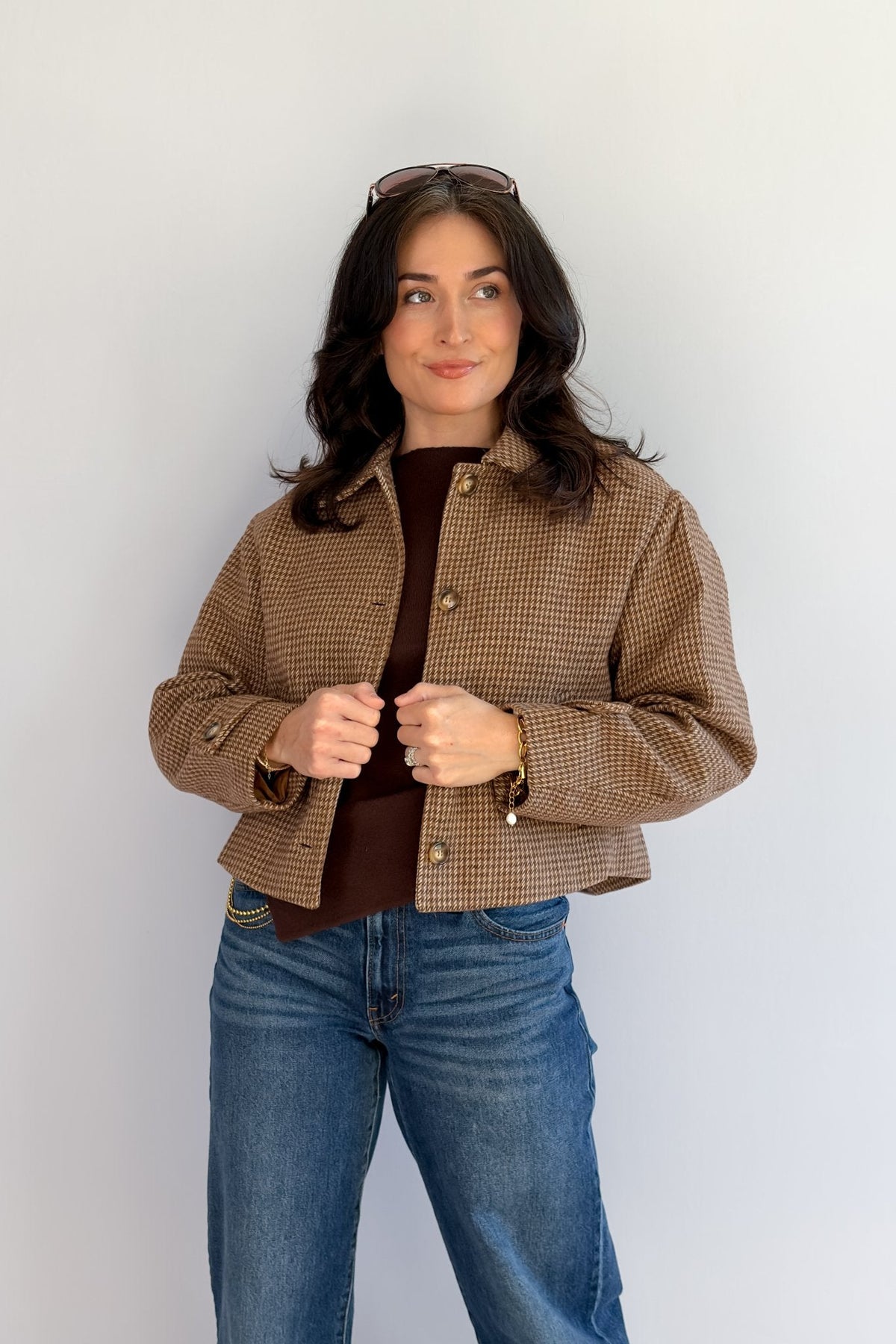 Women’s Camel Houndstooth Cropped Jacket - Coats & Jackets - Blooming Daily