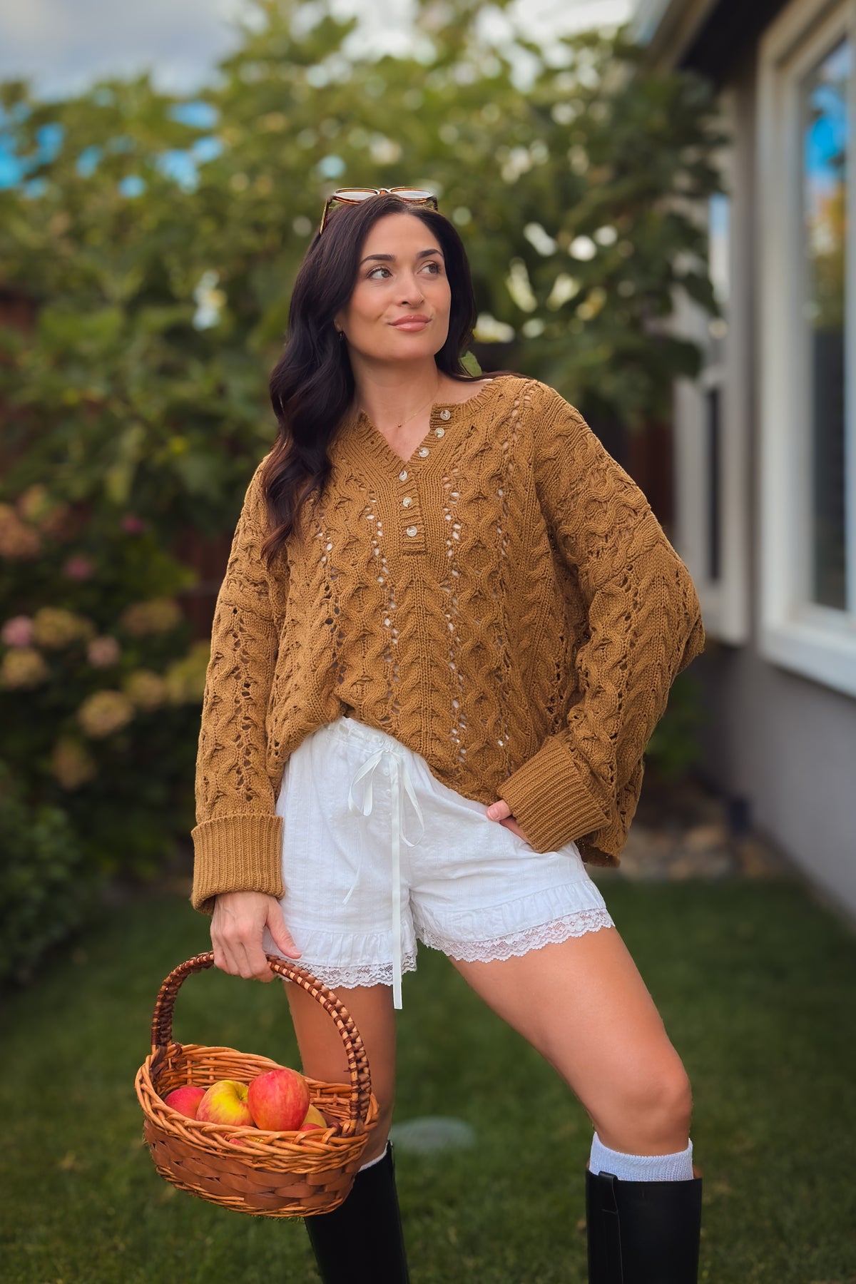 Camel oversized cable knit Henley sweater with openwork detail and wide cuffs