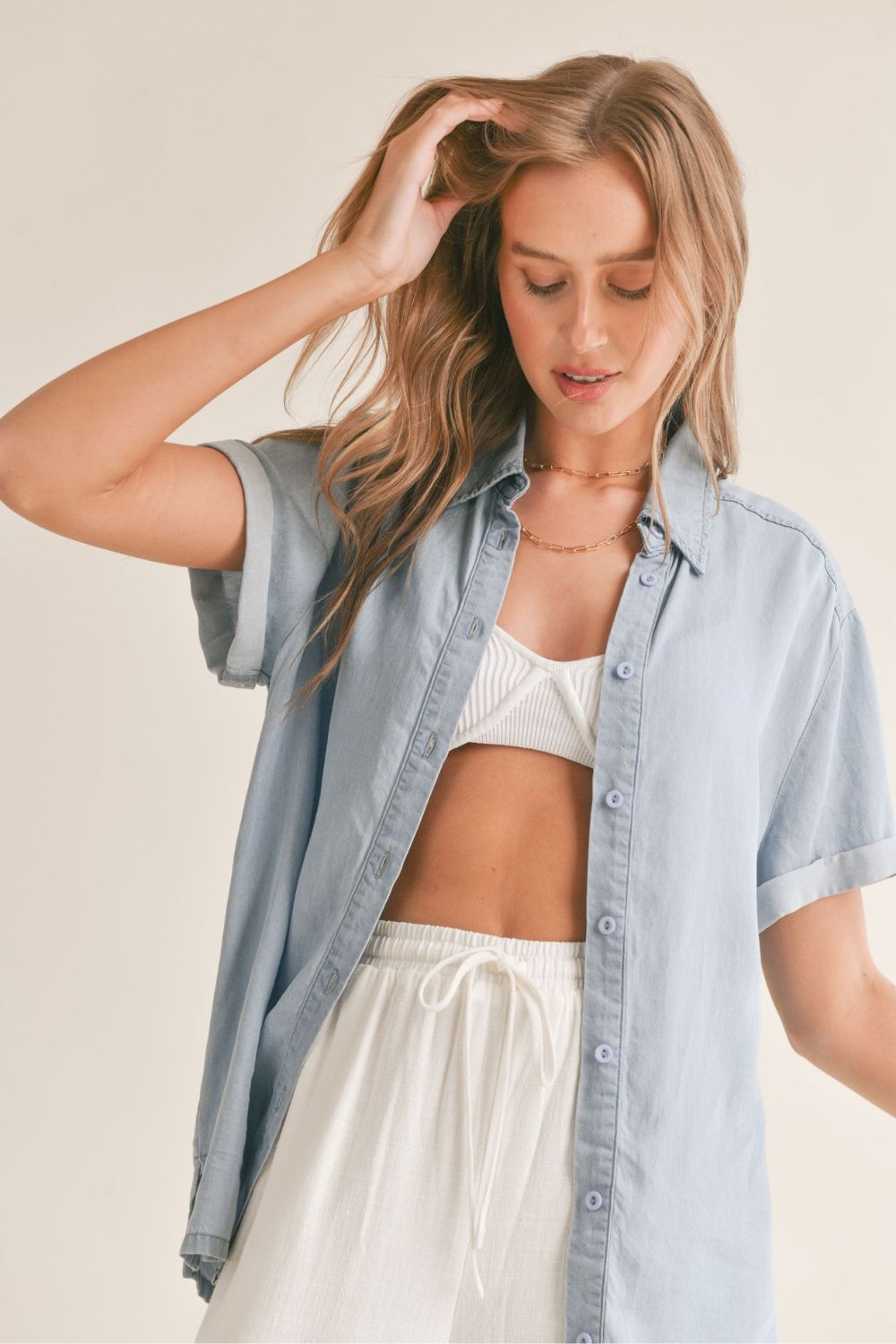 Women&#39;s Chambray Button Down Short Sleeve Top | Light Wash Denim - Women&#39;s Shirts &amp; Tops - Blooming Daily