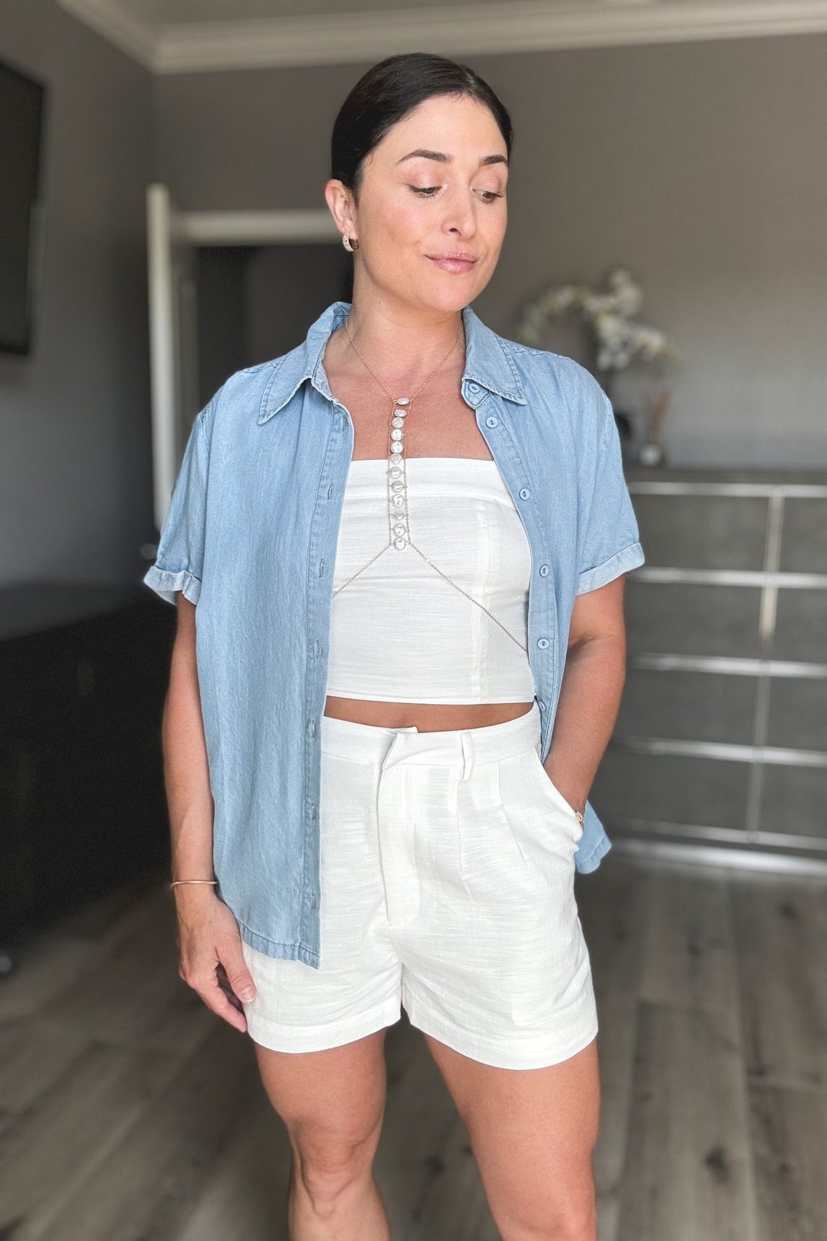 Women&#39;s Chambray Button Down Short Sleeve Top | Light Wash Denim - Women&#39;s Shirts &amp; Tops - Blooming Daily