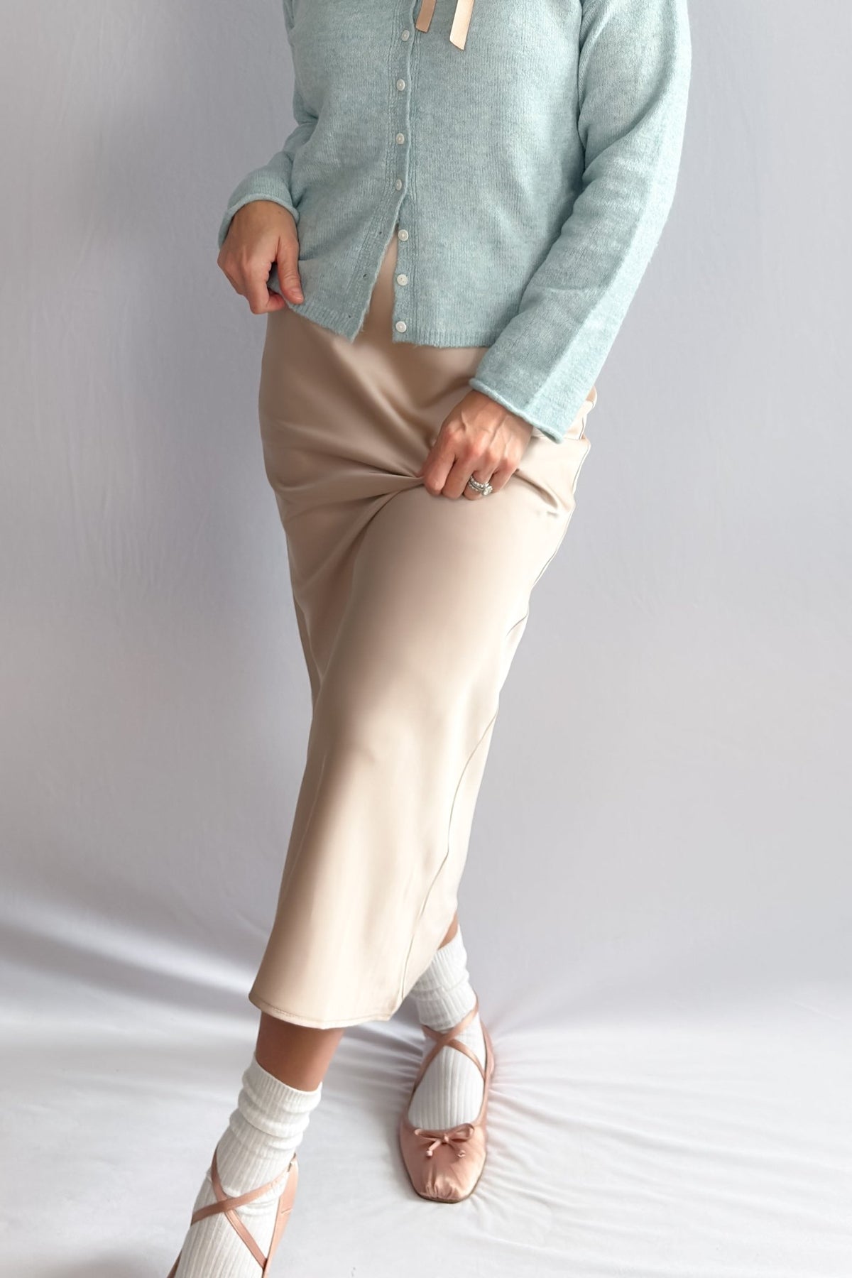 Women’s Champagne Satin Slip Skirt – Bias Cut Midi Skirt - Women's Shirts & Tops - Blooming Daily