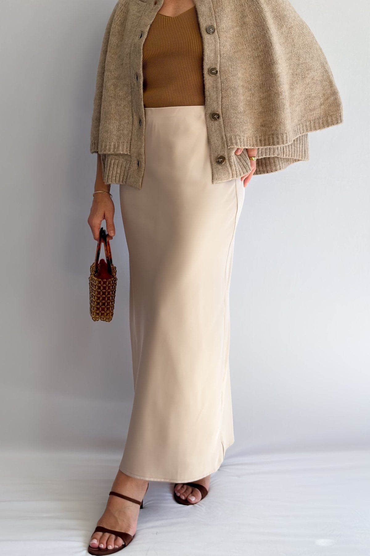 Women’s Champagne Satin Slip Skirt – Bias Cut Midi Skirt - Women&#39;s Shirts &amp; Tops - Blooming Daily