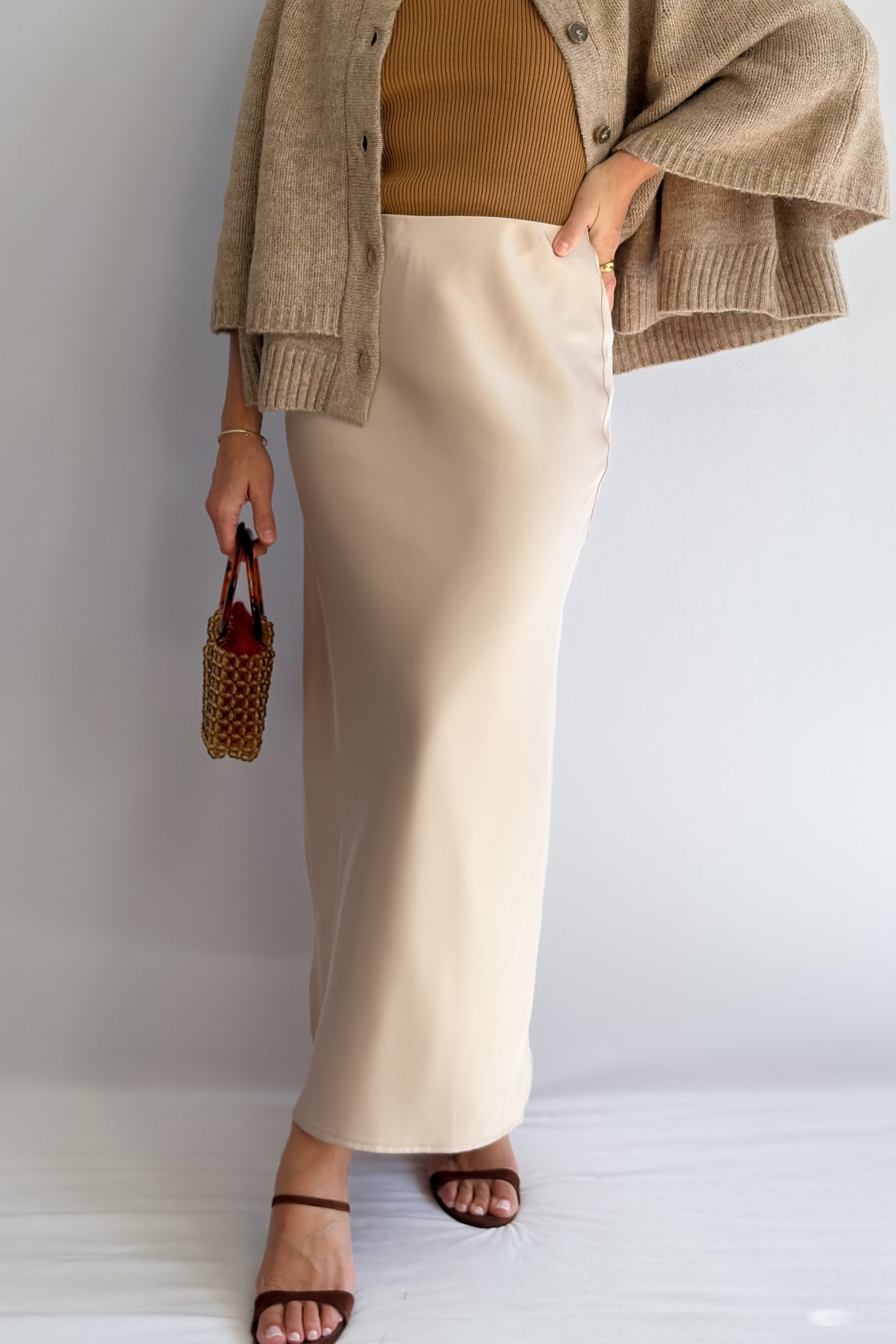 Champagne Satin Slip Skirt – Bias Cut Midi Skirt L