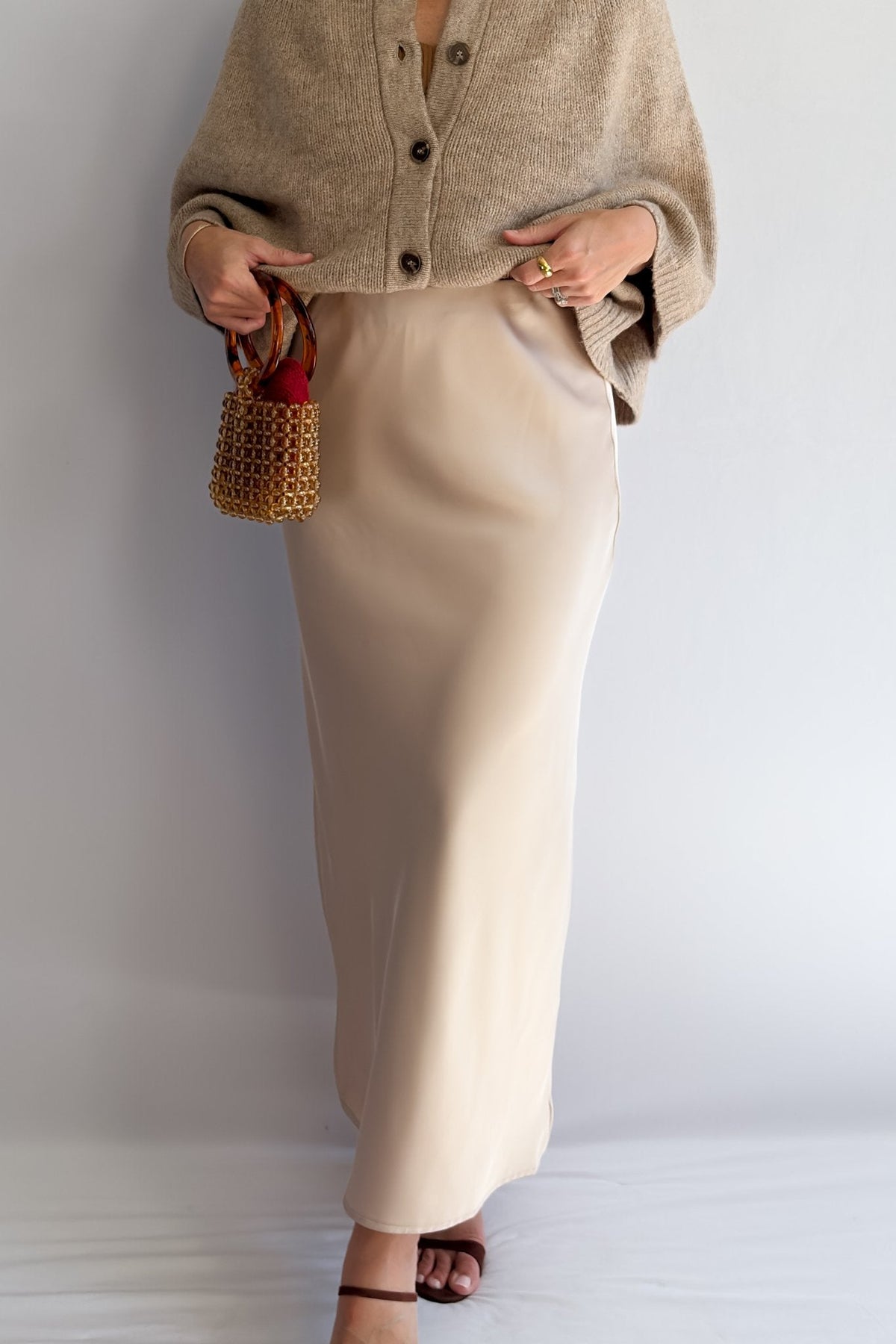 Women’s Champagne Satin Slip Skirt – Bias Cut Midi Skirt - Women&#39;s Shirts &amp; Tops - Blooming Daily