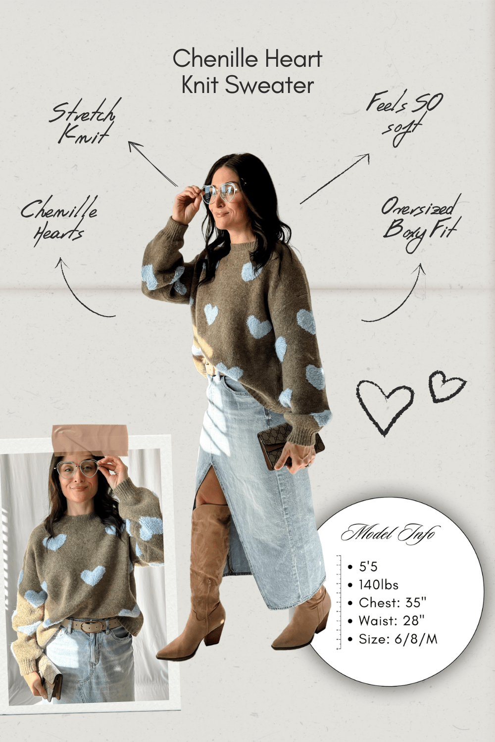 Women&#39;s Chenille Heart Soft Knit Sweater Top | Brown - Women&#39;s Shirts &amp; Tops - Blooming Daily