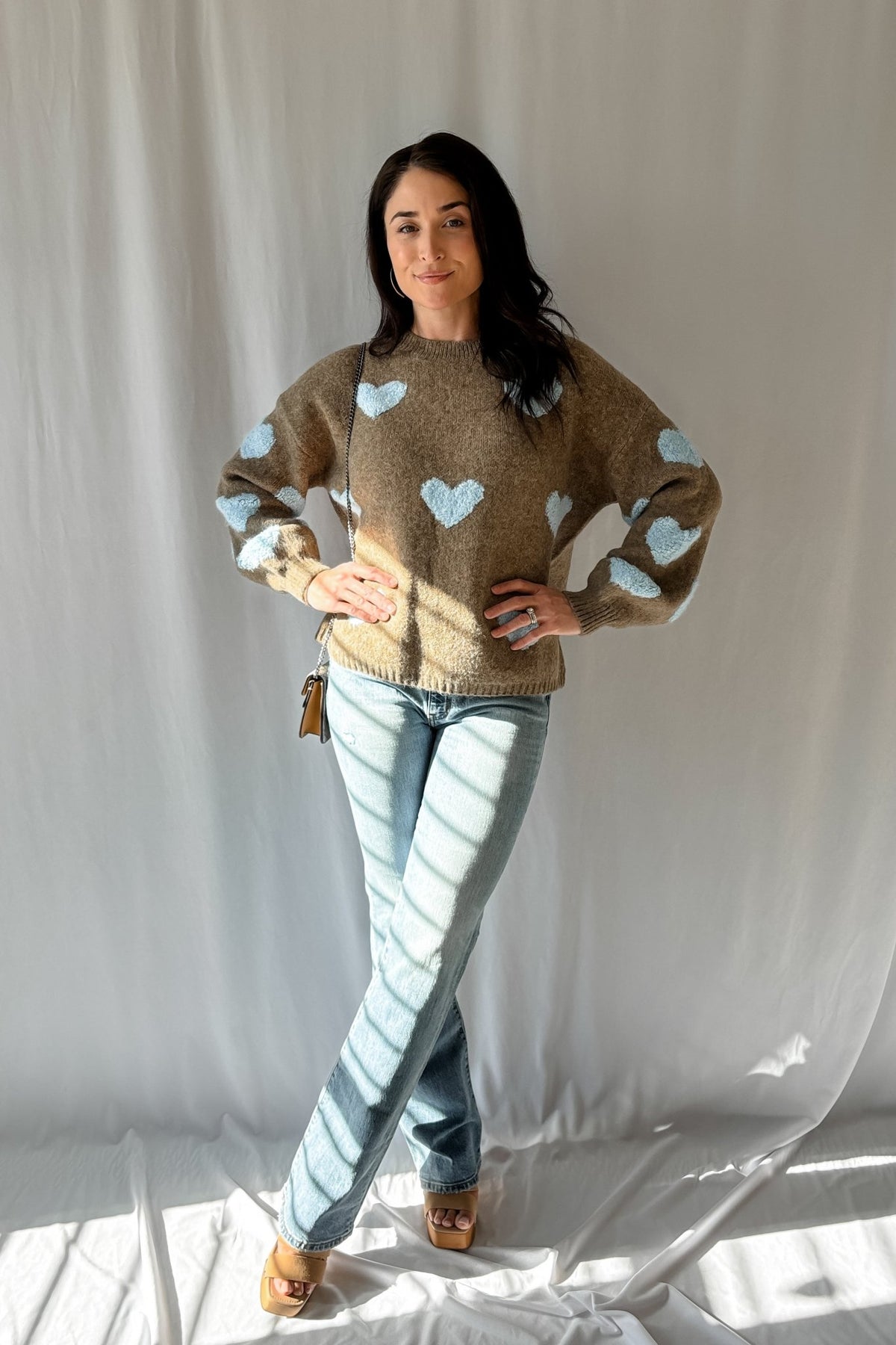 Women&#39;s Chenille Heart Soft Knit Sweater Top | Brown - Women&#39;s Shirts &amp; Tops - Blooming Daily