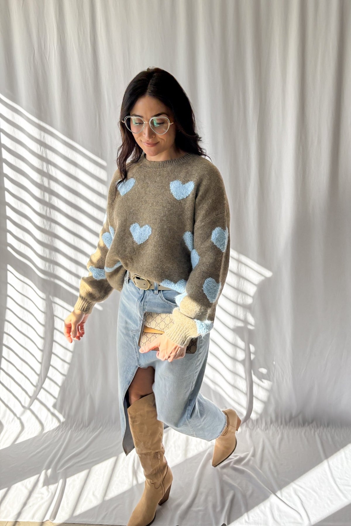 Women&#39;s Chenille Heart Soft Knit Sweater Top | Brown - Women&#39;s Shirts &amp; Tops - Blooming Daily