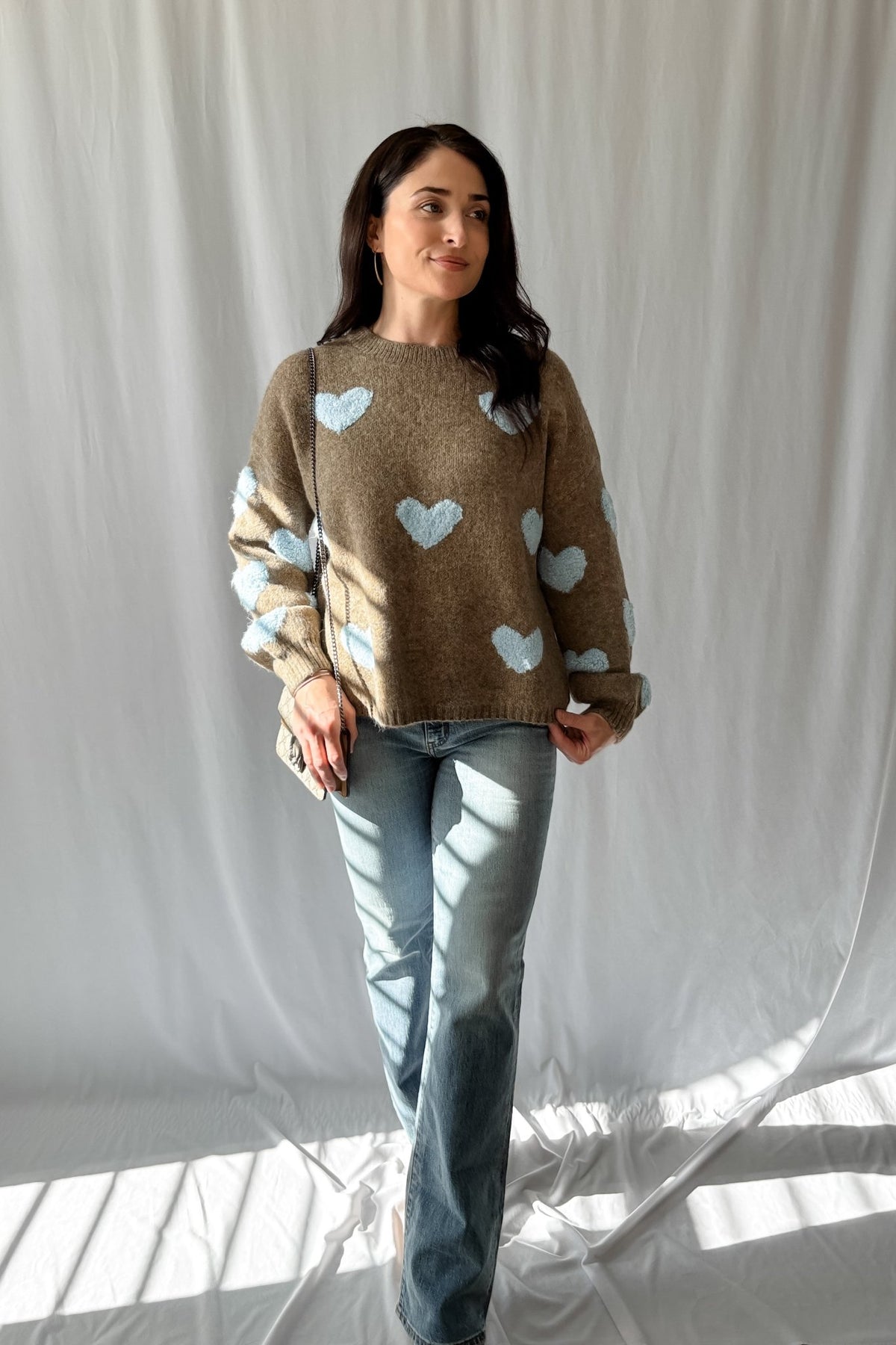 Women&#39;s Chenille Heart Soft Knit Sweater Top | Brown - Women&#39;s Shirts &amp; Tops - Blooming Daily