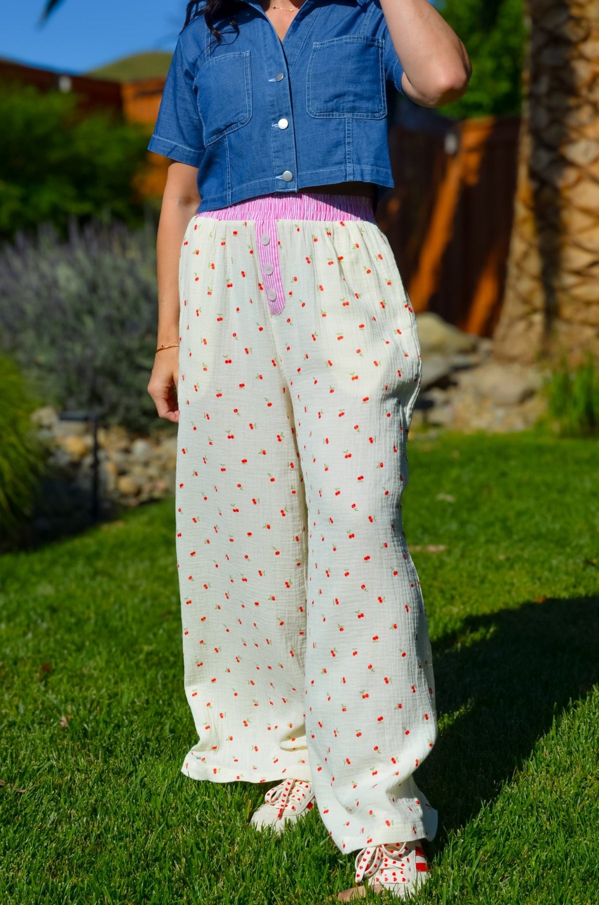 Women’s Cherry Print Cotton Gauze Pants – Butter Yellow Wide Leg - Women's Pants - Blooming Daily