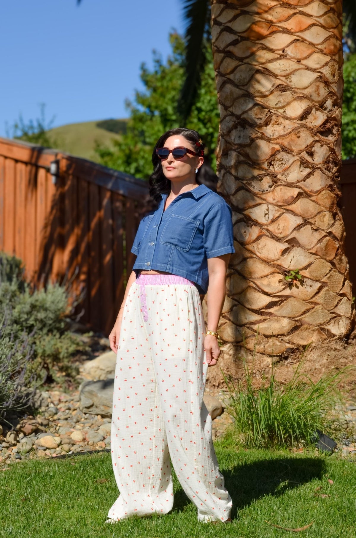 Women’s Cherry Print Cotton Gauze Pants – Butter Yellow Wide Leg - Women's Pants - Blooming Daily