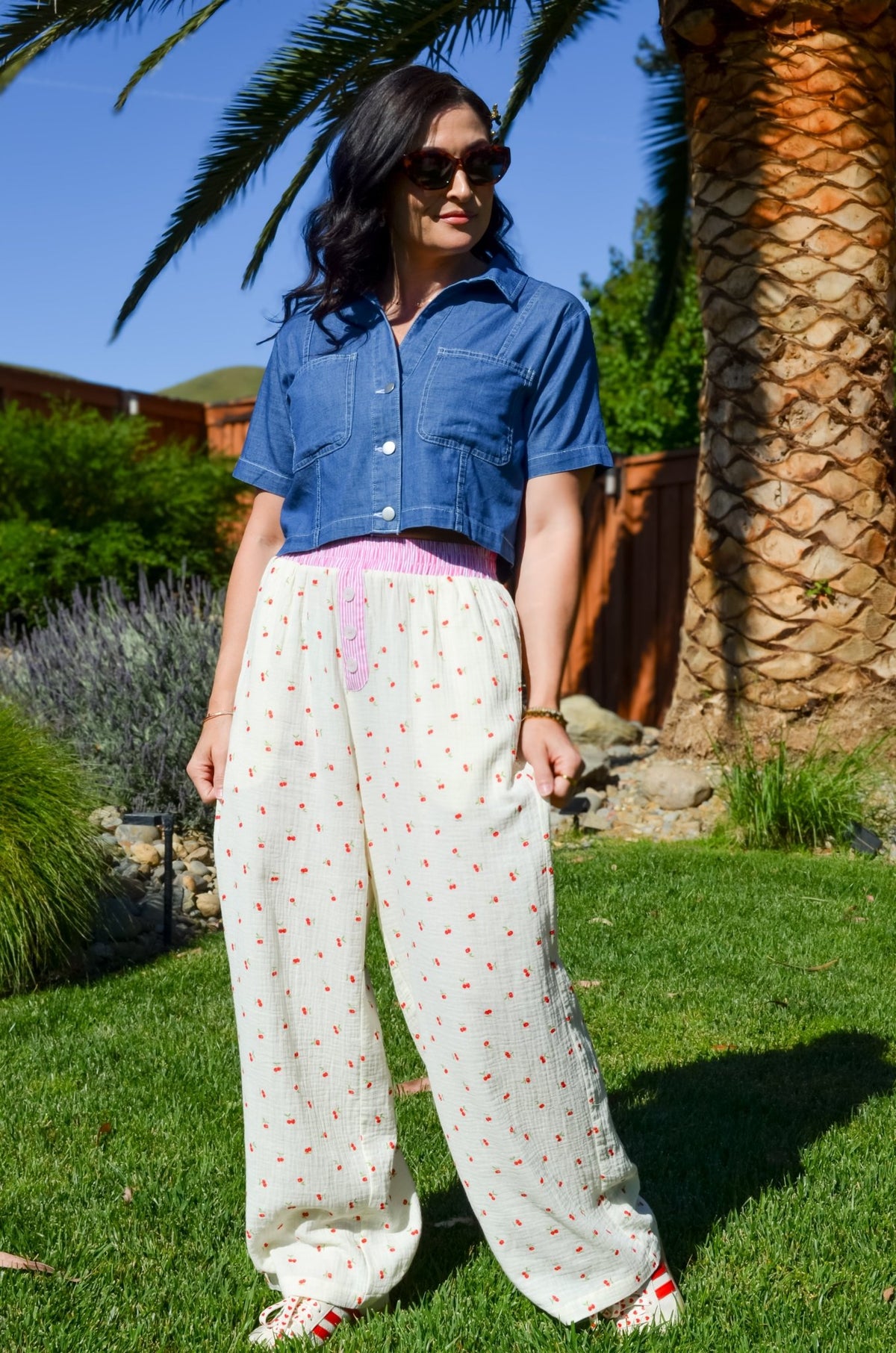 Women’s Cherry Print Cotton Gauze Pants – Butter Yellow Wide Leg - Women's Pants - Blooming Daily