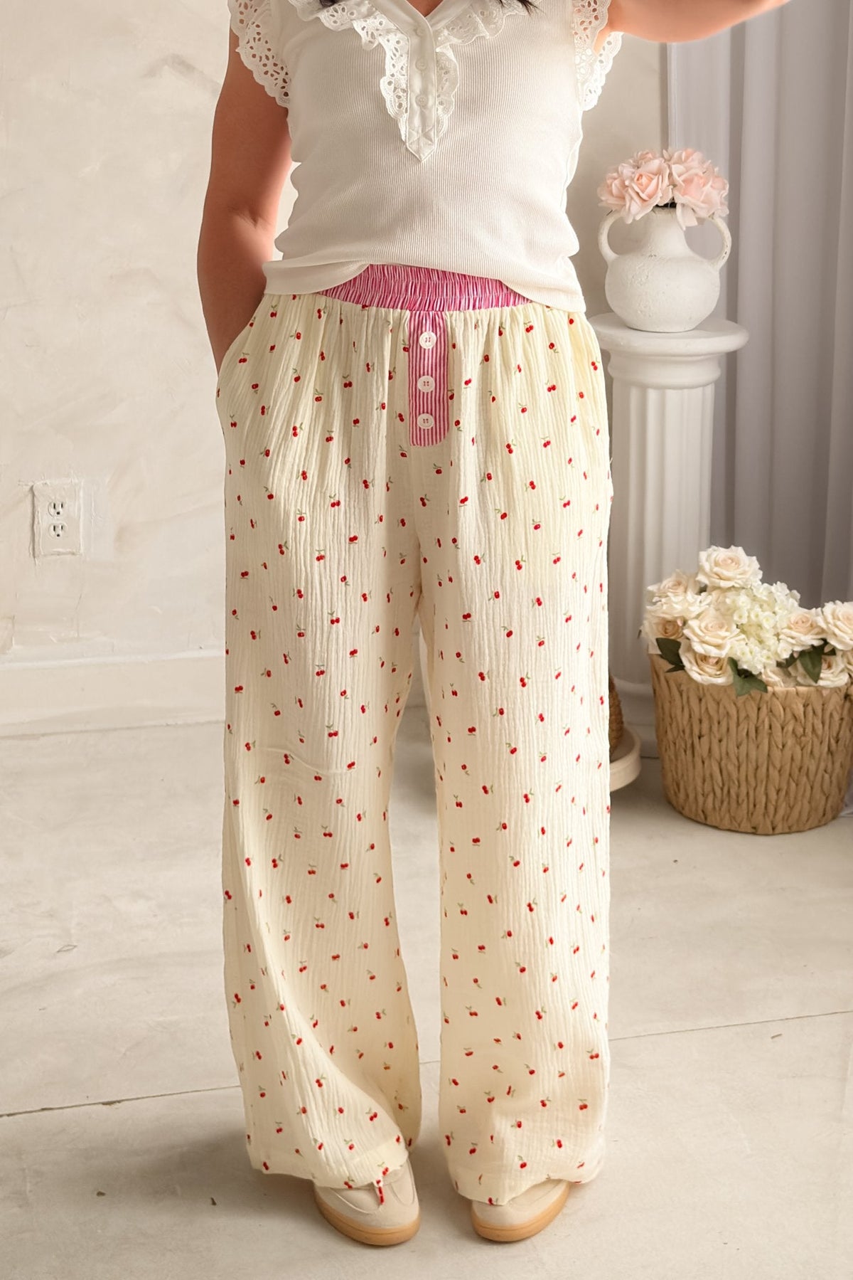 Women’s Cherry Print Cotton Gauze Pants – Butter Yellow Wide Leg - Women's Pants - Blooming Daily