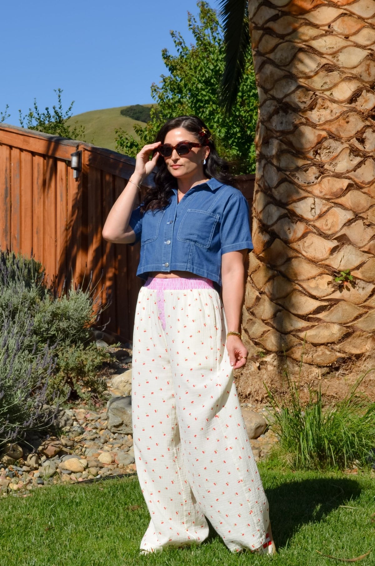 Women’s Cherry Print Cotton Gauze Pants – Butter Yellow Wide Leg - Women's Pants - Blooming Daily