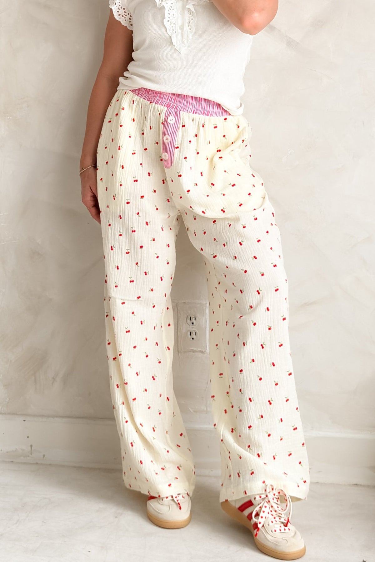Women’s Cherry Print Cotton Gauze Pants – Butter Yellow Wide Leg - Women's Pants - Blooming Daily