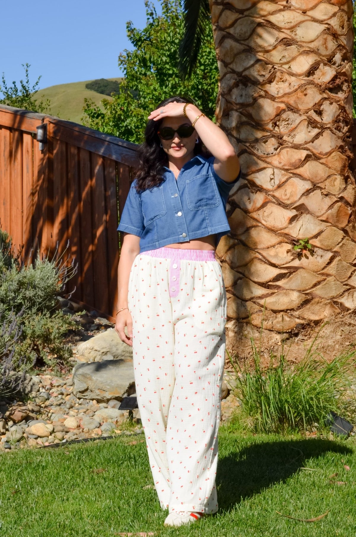 Women’s Cherry Print Cotton Gauze Pants – Butter Yellow Wide Leg - Women's Pants - Blooming Daily