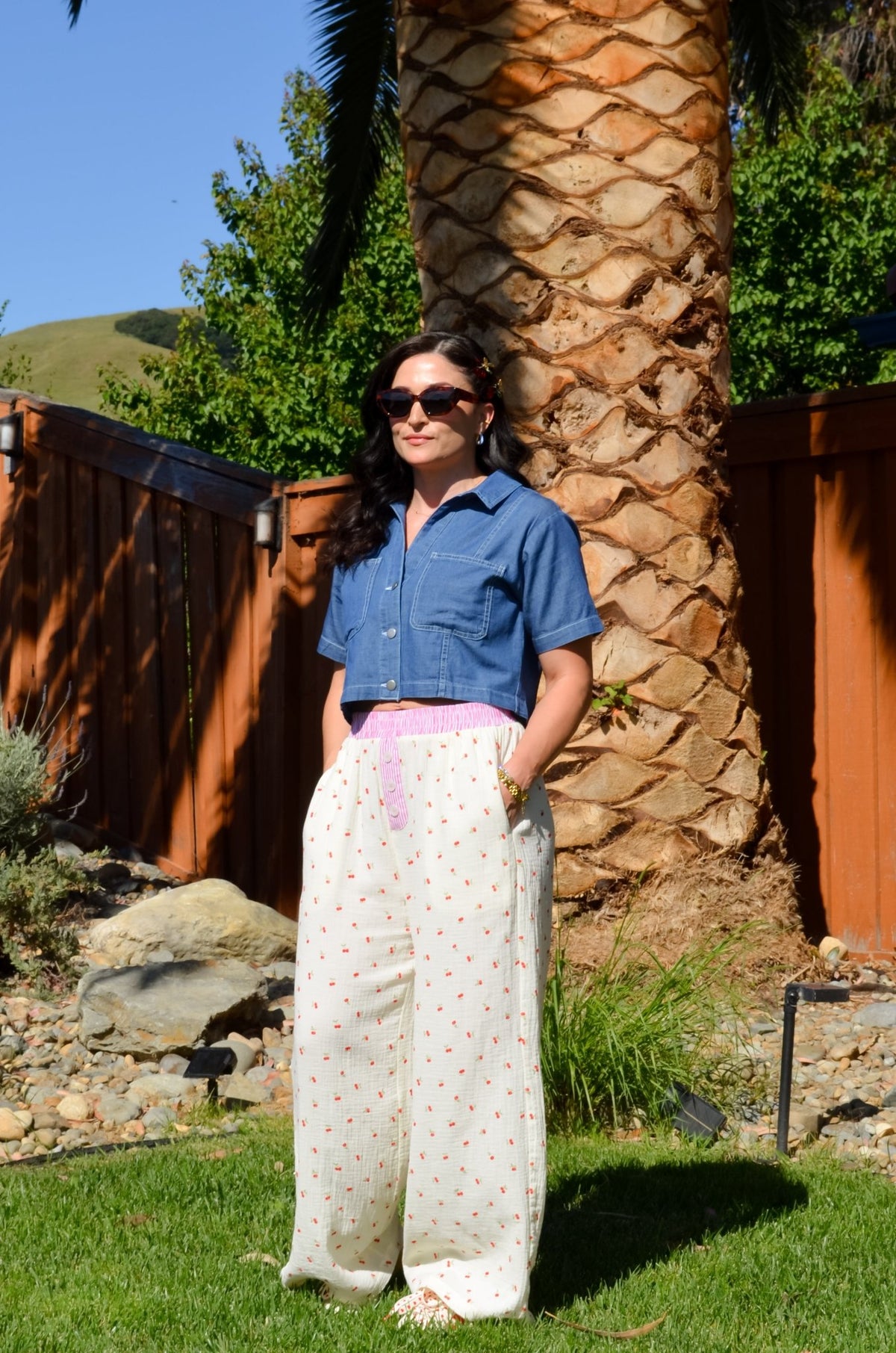 Women’s Cherry Print Cotton Gauze Pants – Butter Yellow Wide Leg - Women's Pants - Blooming Daily