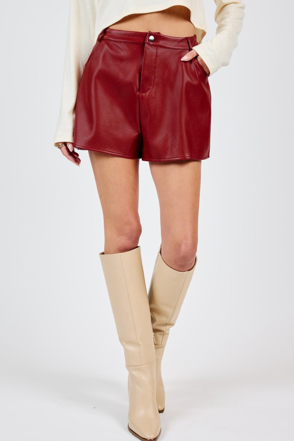 Women&#39;s Cherry Red Faux Leather Shorts | Red - Women&#39;s Shorts - Blooming Daily