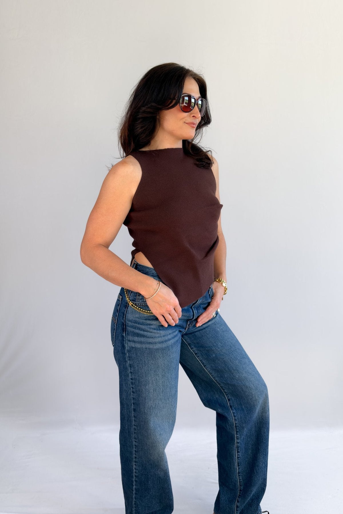 Women's Chocolate Brown Asymmetrical Mock Neck Knit Top - Women's Sweaters - Blooming Daily