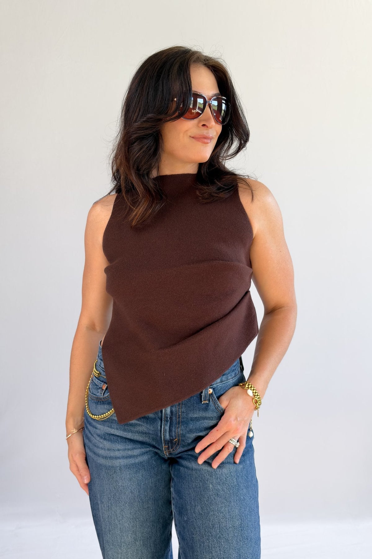Women's Chocolate Brown Asymmetrical Mock Neck Knit Top - Women's Sweaters - Blooming Daily