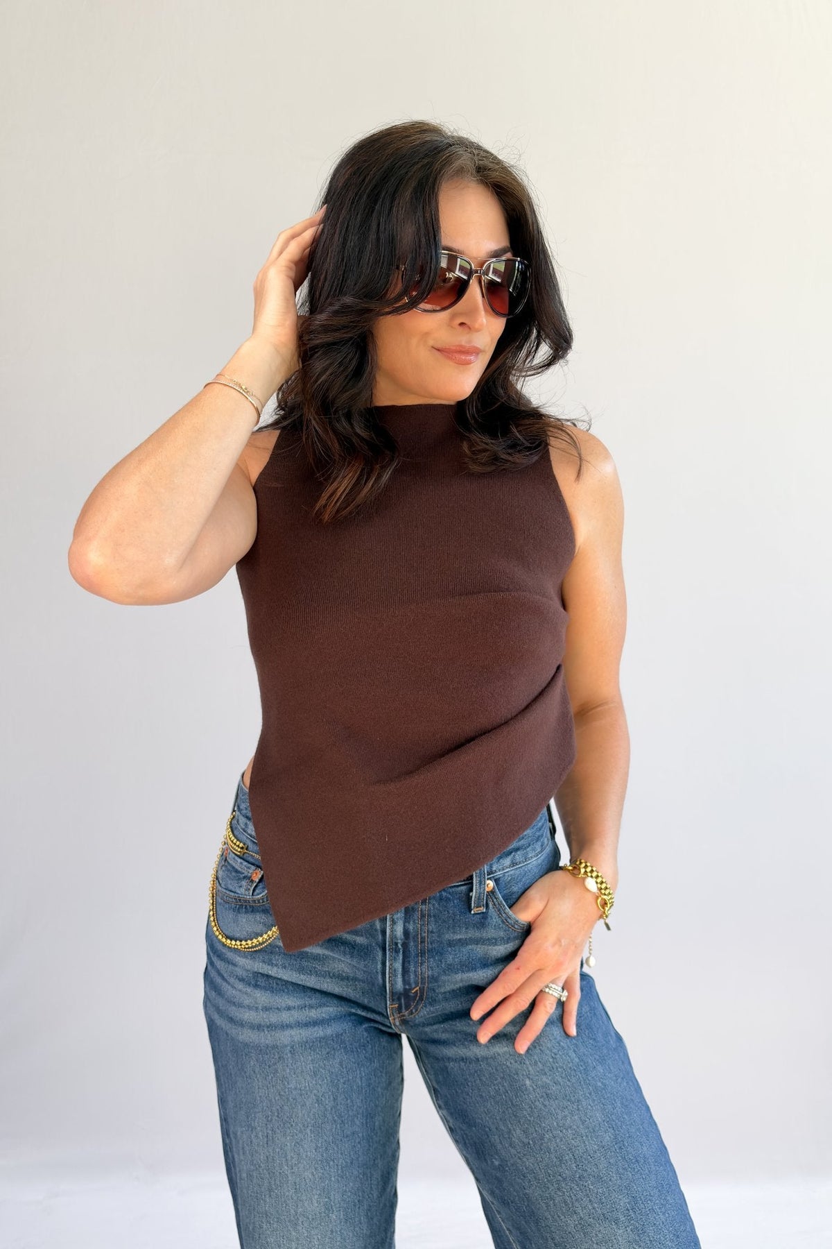 Women's Chocolate Brown Asymmetrical Mock Neck Knit Top - Women's Sweaters - Blooming Daily