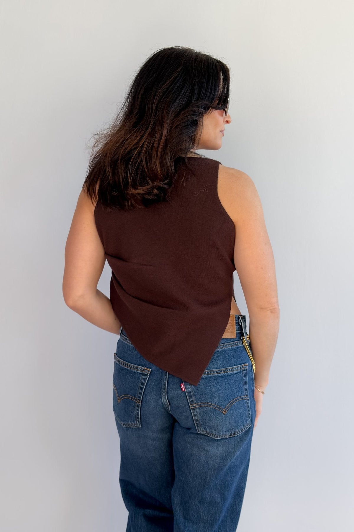 Women's Chocolate Brown Asymmetrical Mock Neck Knit Top - Women's Sweaters - Blooming Daily