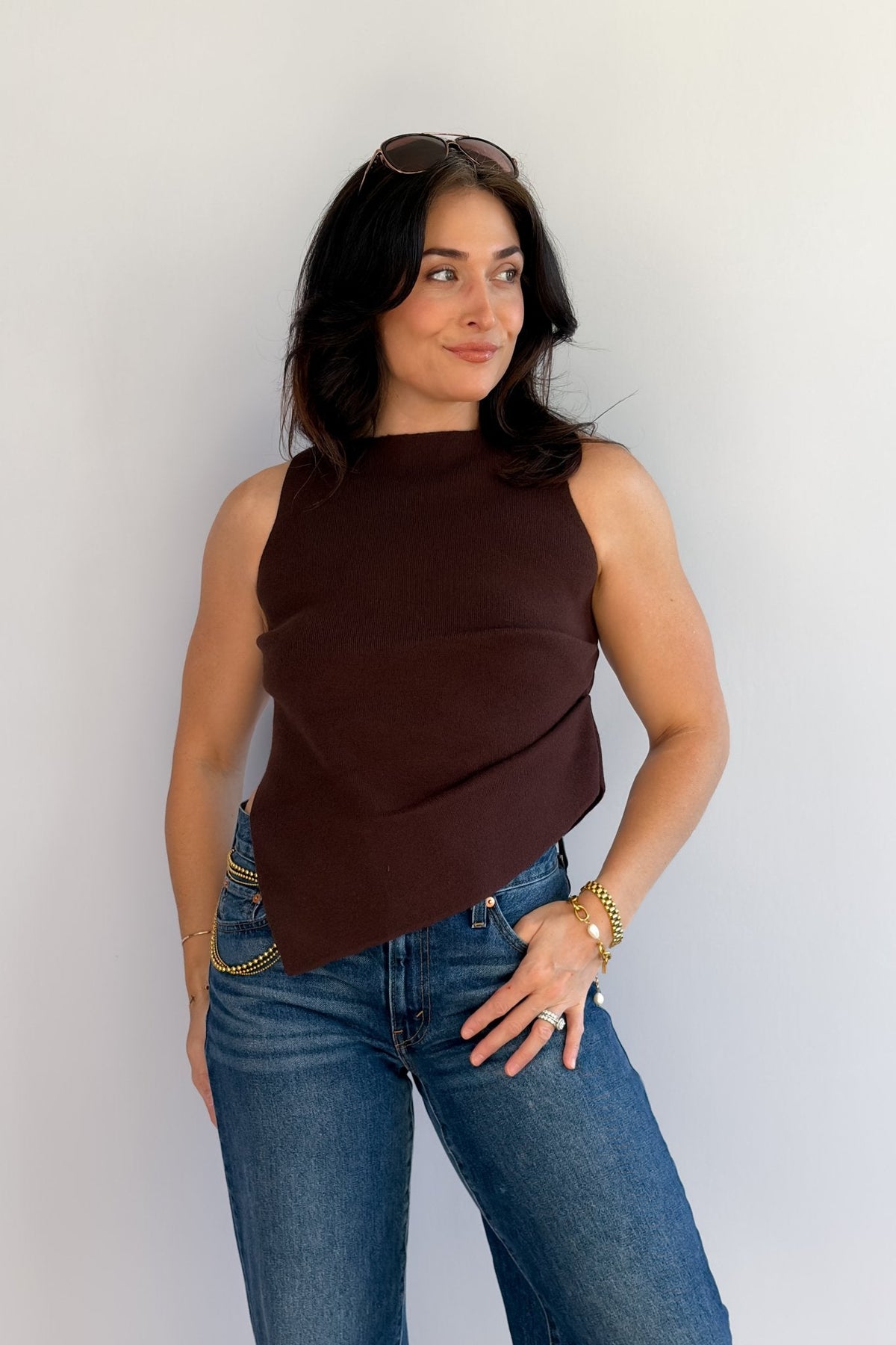 Women's Chocolate Brown Asymmetrical Mock Neck Knit Top - Women's Sweaters - Blooming Daily